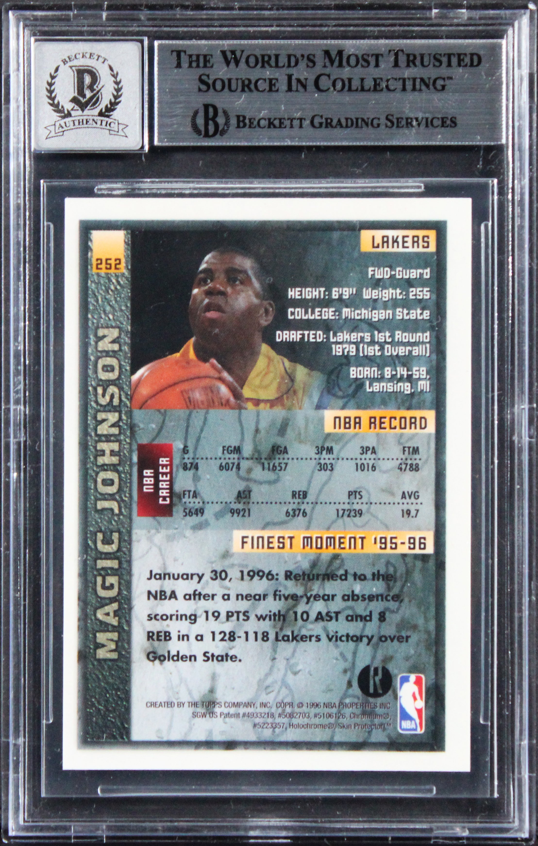 Lakers Magic Johnson Signed 1995 Finest Refractors #252 Card Auto 10! BAS Slab