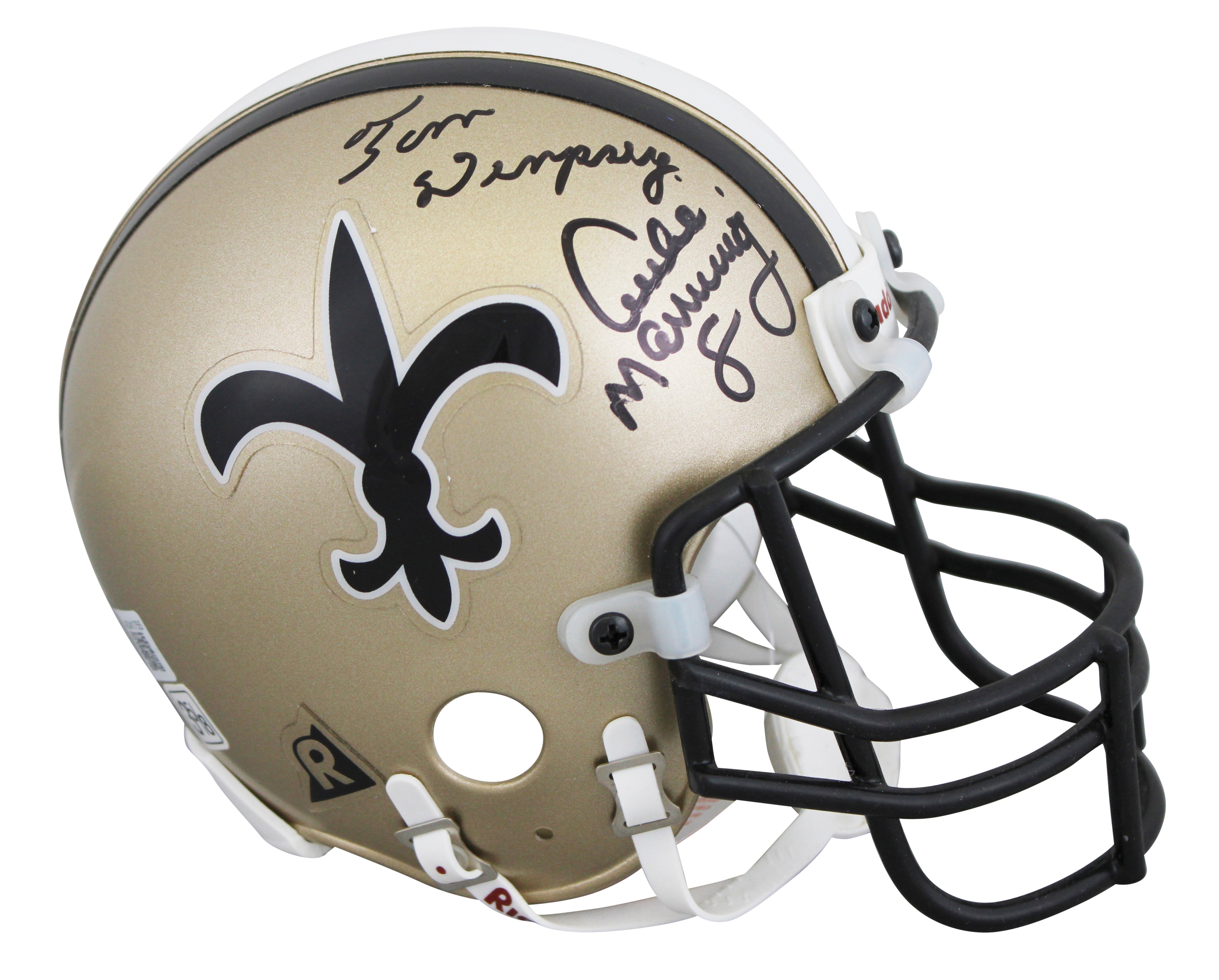 Saints Archie Manning & Tom Dempsey Signed VSR4 Mini Helmet BAS #AD41755