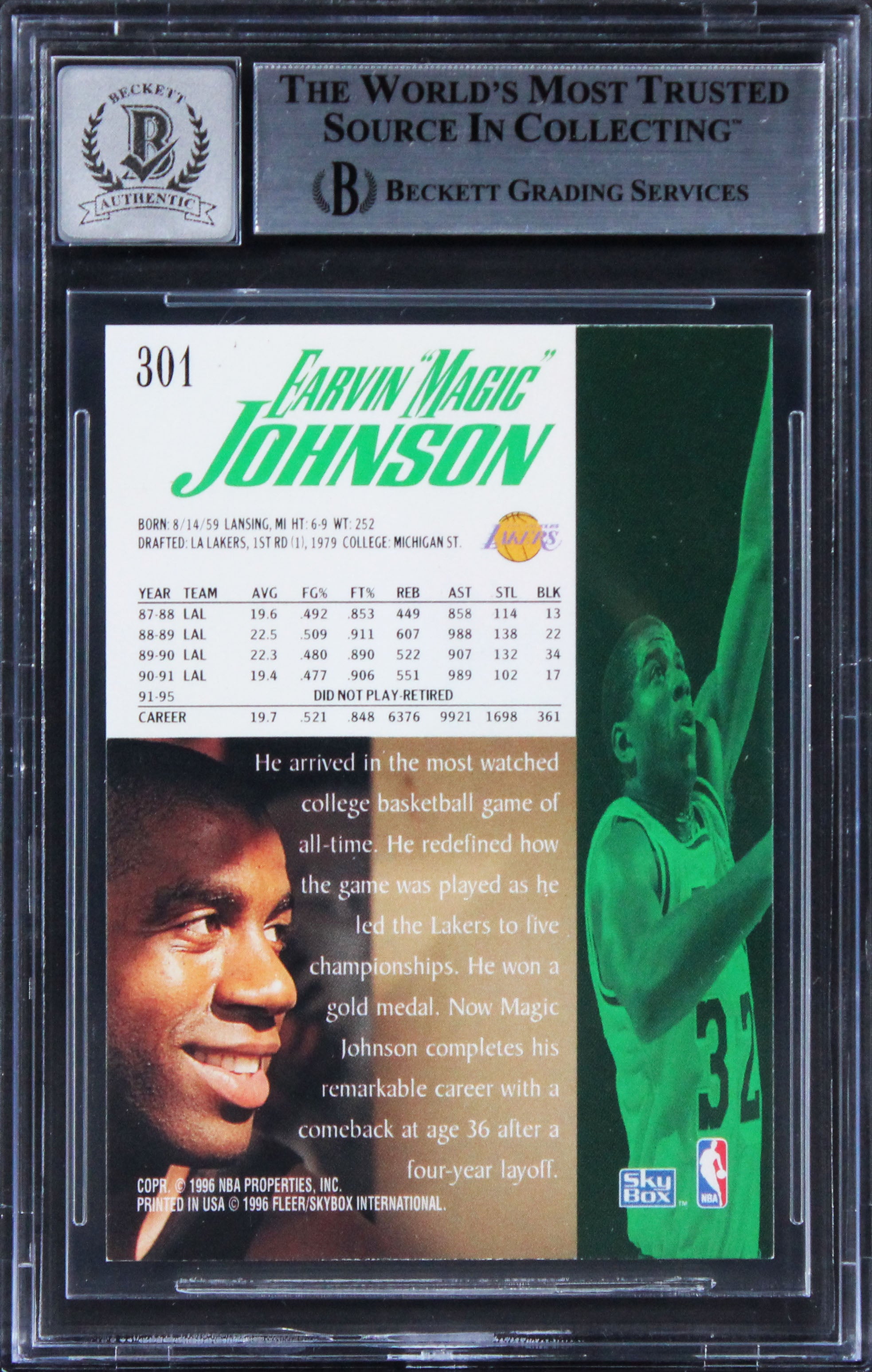 Lakers Magic Johnson Signed 1995 Skybox Premium #301 Card Auto 10! BAS Slabbed 1