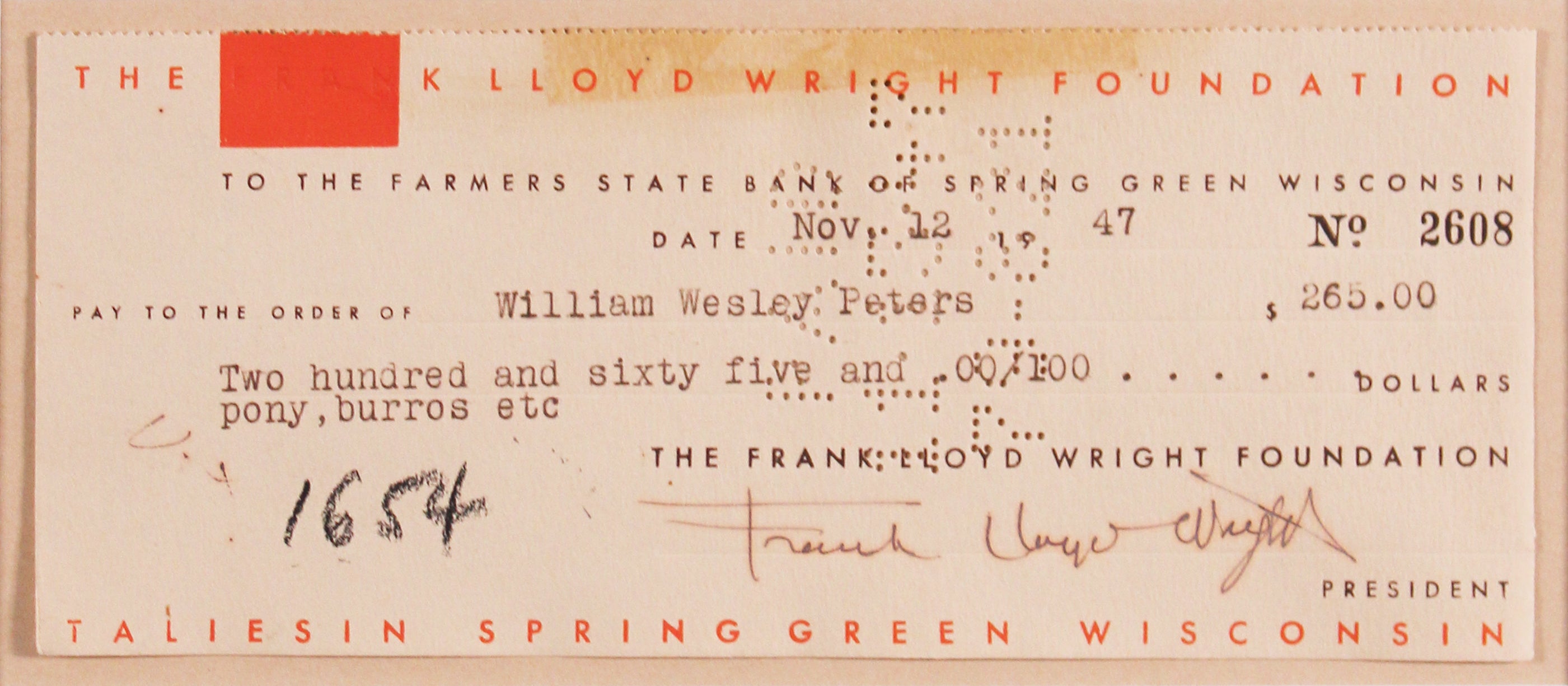 Frank Lloyd Wright Signed & Framed 3.5x8 1947 Foundation Check BAS #AE13290