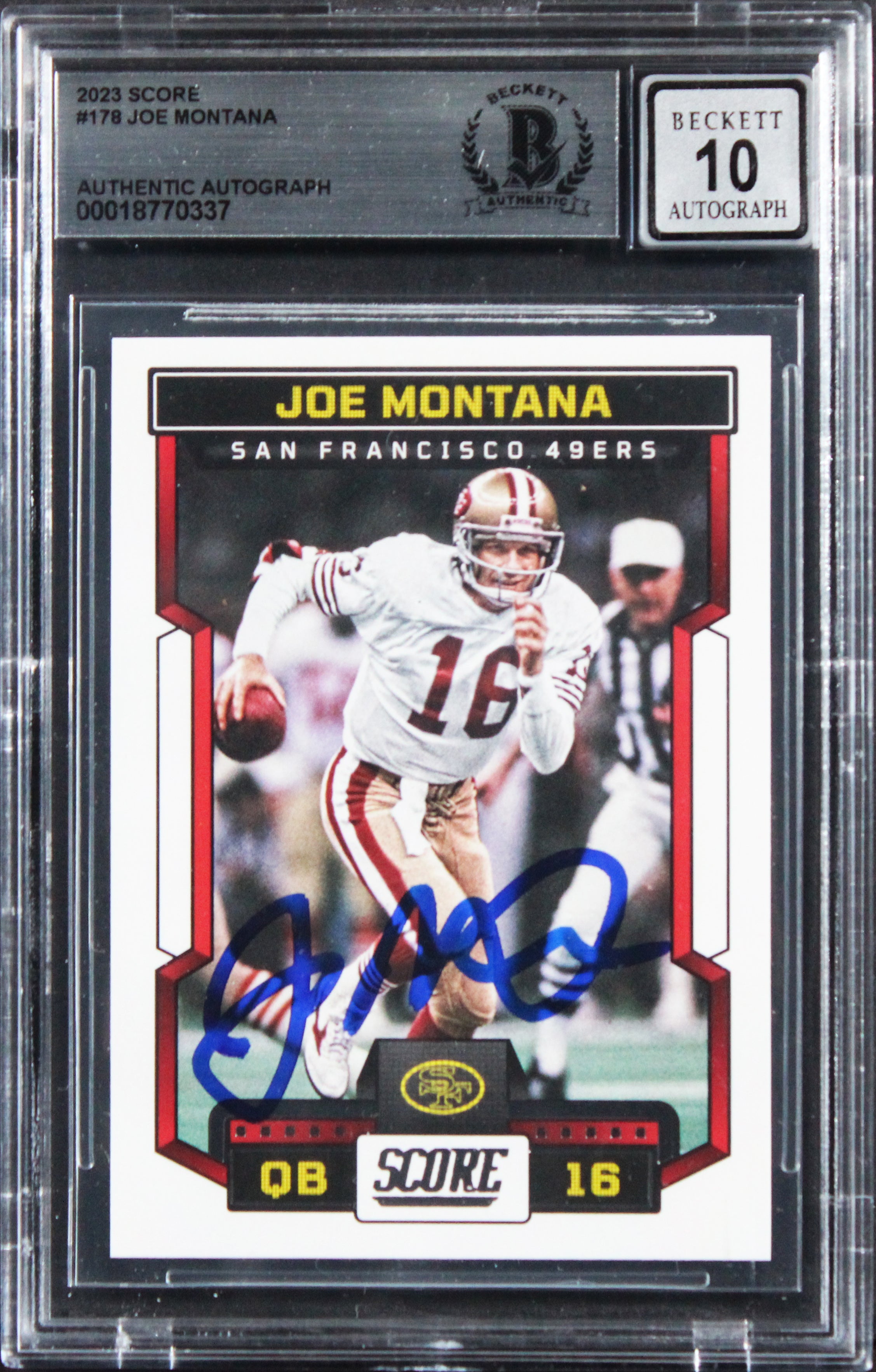 49ers Joe Montana Signed 2023 Score #178 Card Auto Graded Gem Mint 10! BAS Slab
