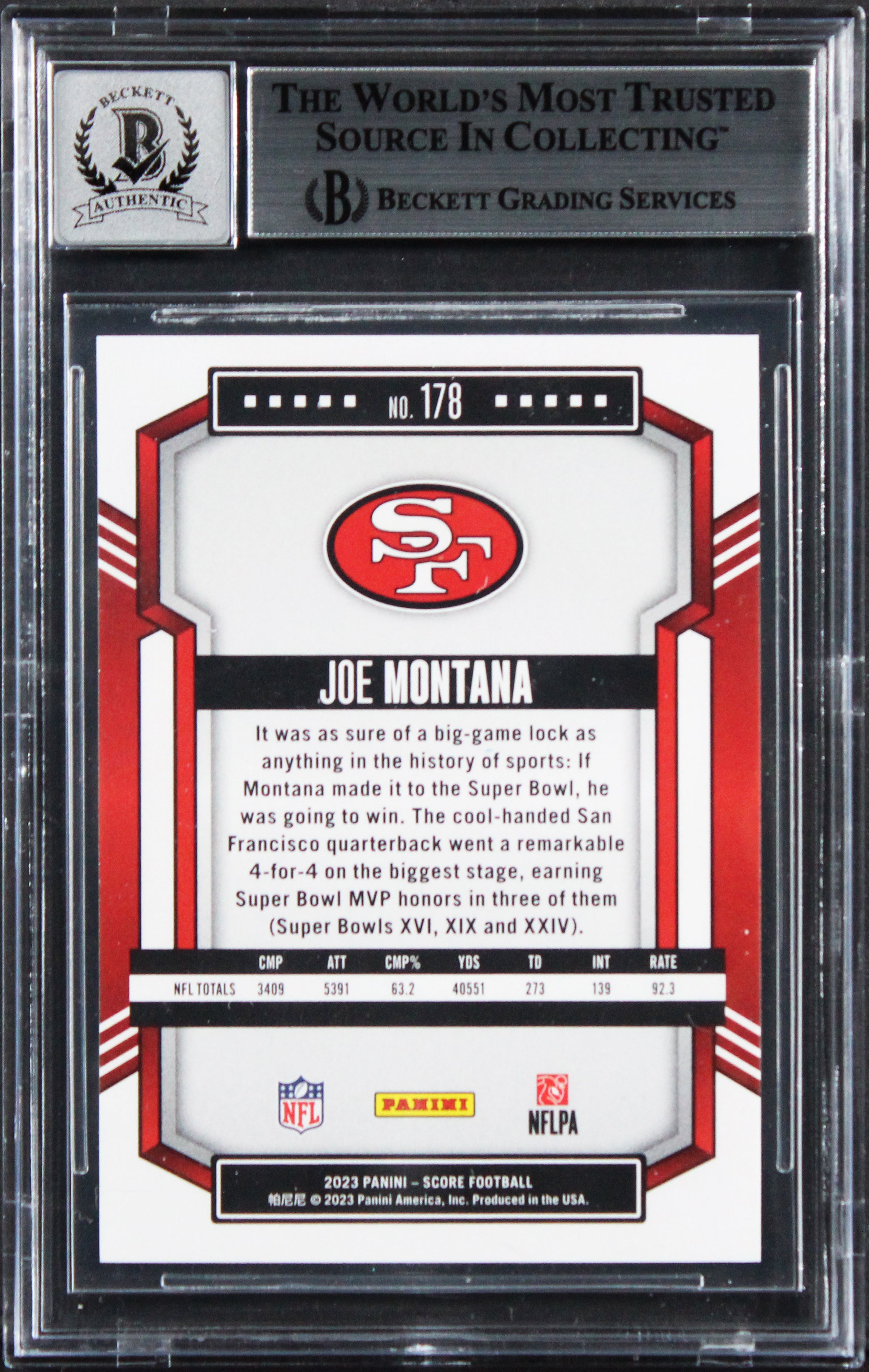 49ers Joe Montana Signed 2023 Score #178 Card Auto Graded Gem Mint 10! BAS Slab
