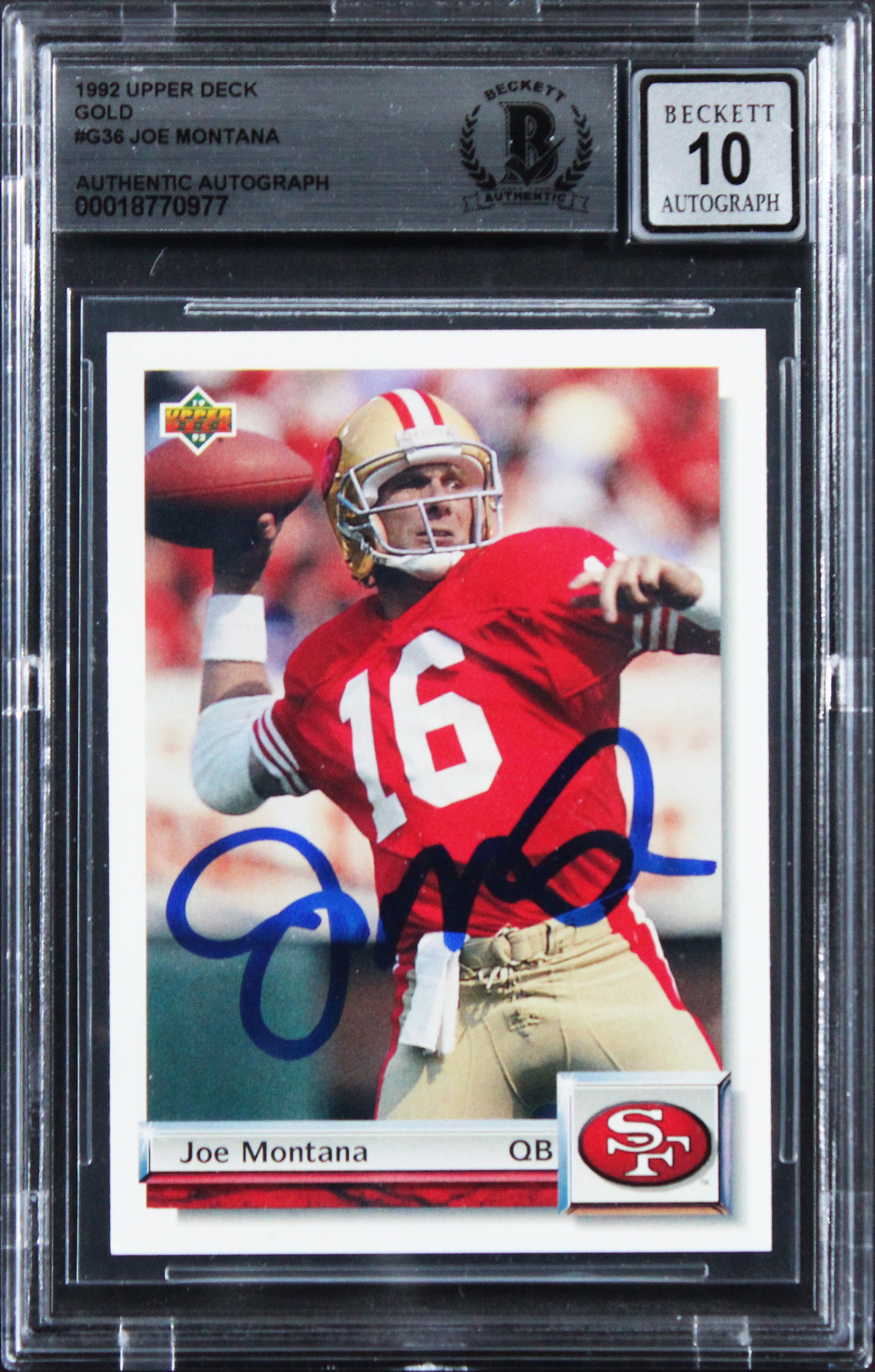 49ers Joe Montana Signed 1992 Upper Deck Gold #G36 Card Auto GM 10! BAS Slabbed