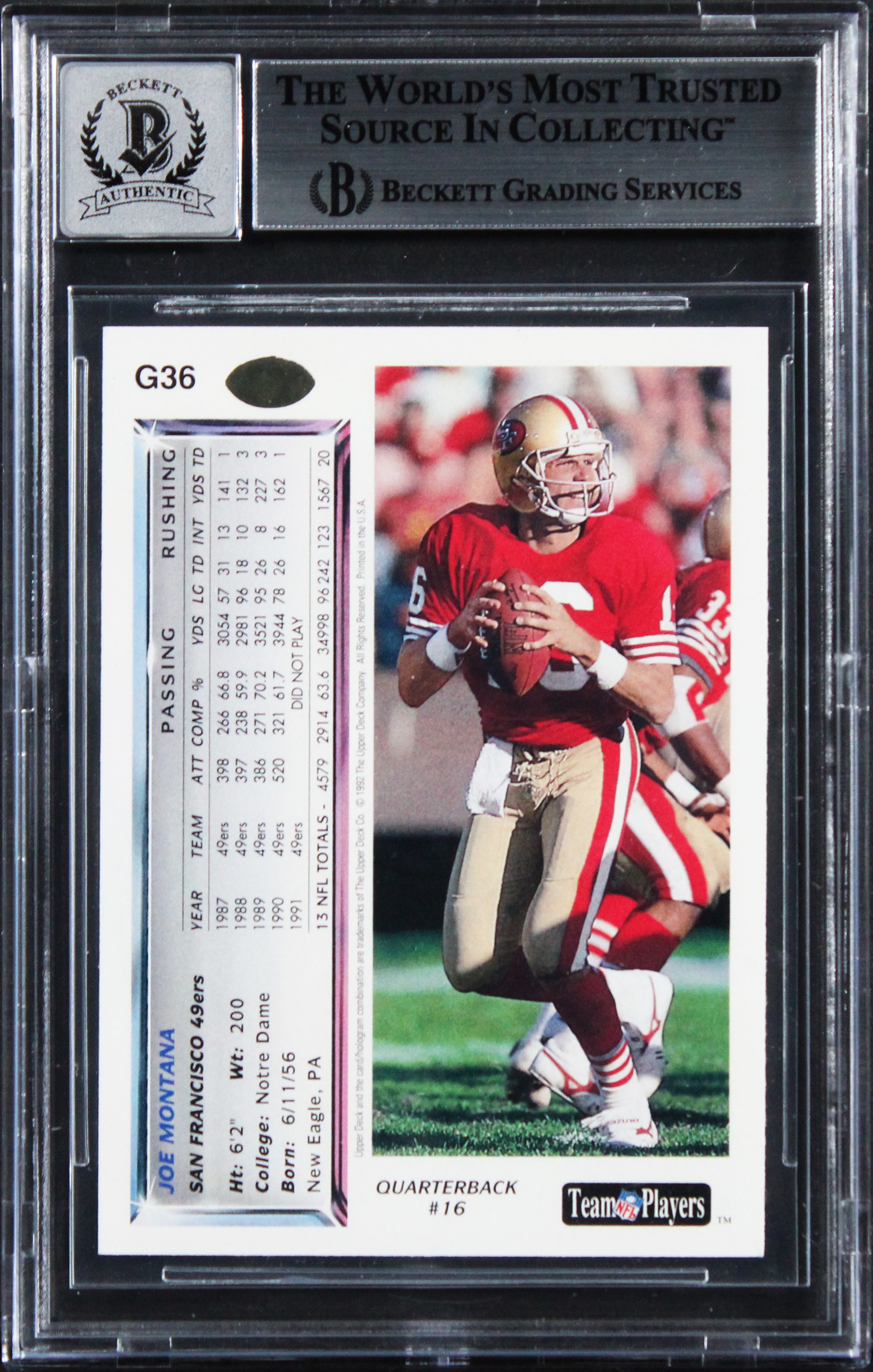 49ers Joe Montana Signed 1992 Upper Deck Gold #G36 Card Auto GM 10! BAS Slabbed