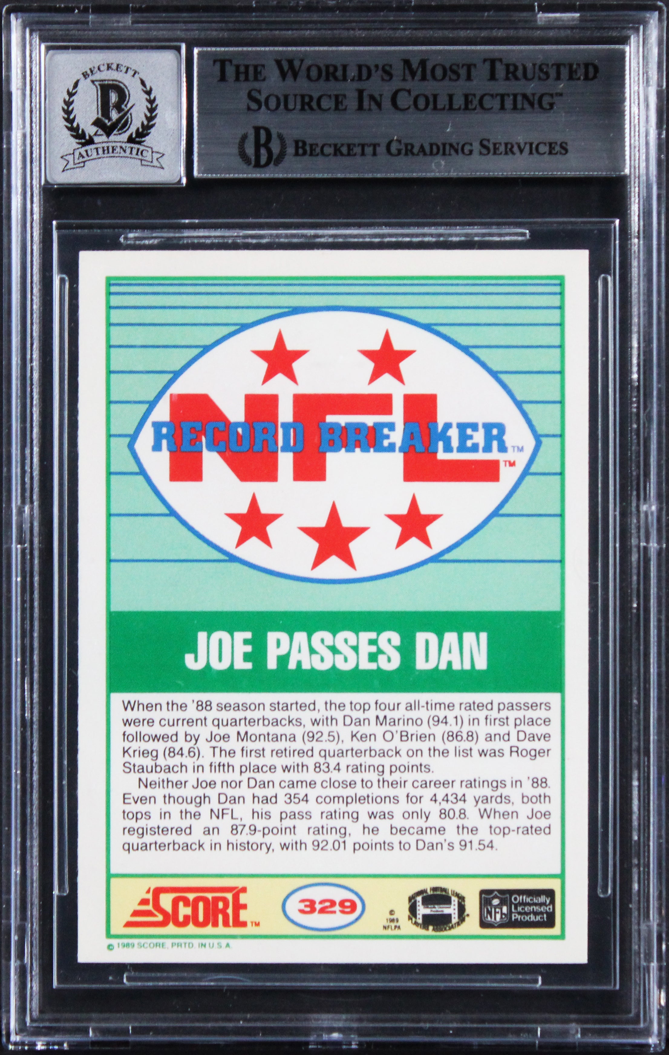 49ers Joe Montana Signed 1989 Score #329 Card Auto Graded Gem Mint 10! BAS Slab
