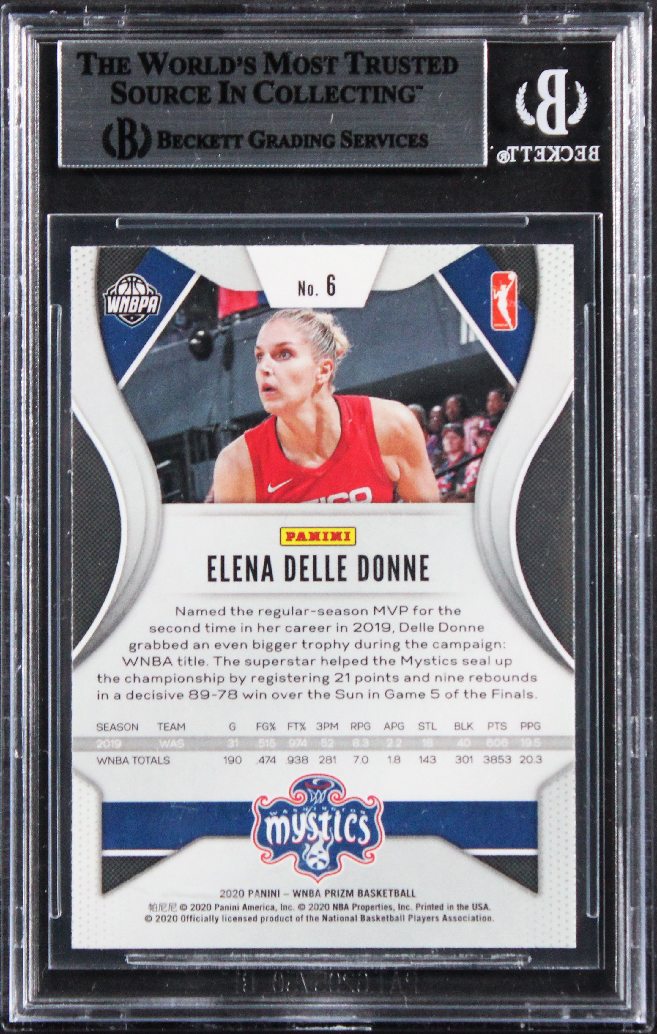Mystics Elena Delle Donne Signed 2020 Panini Prizm WNBA #6 Card BAS Slabbed 2