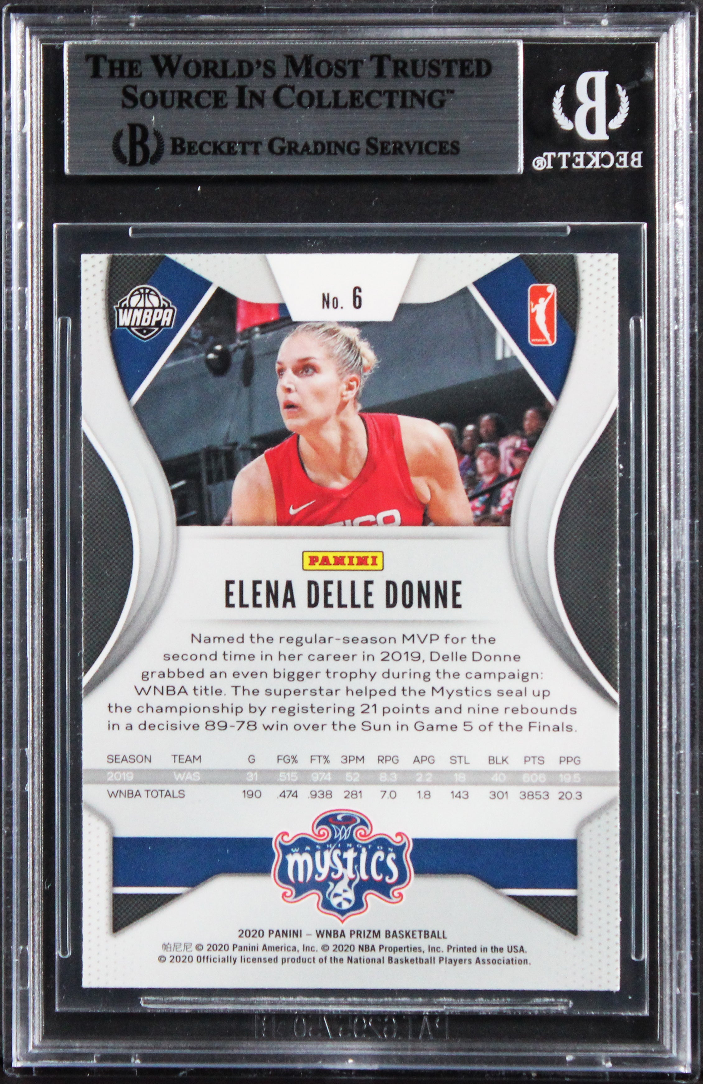 Mystics Elena Delle Donne Signed 2020 Panini Prizm WNBA #6 Card BAS Slabbed