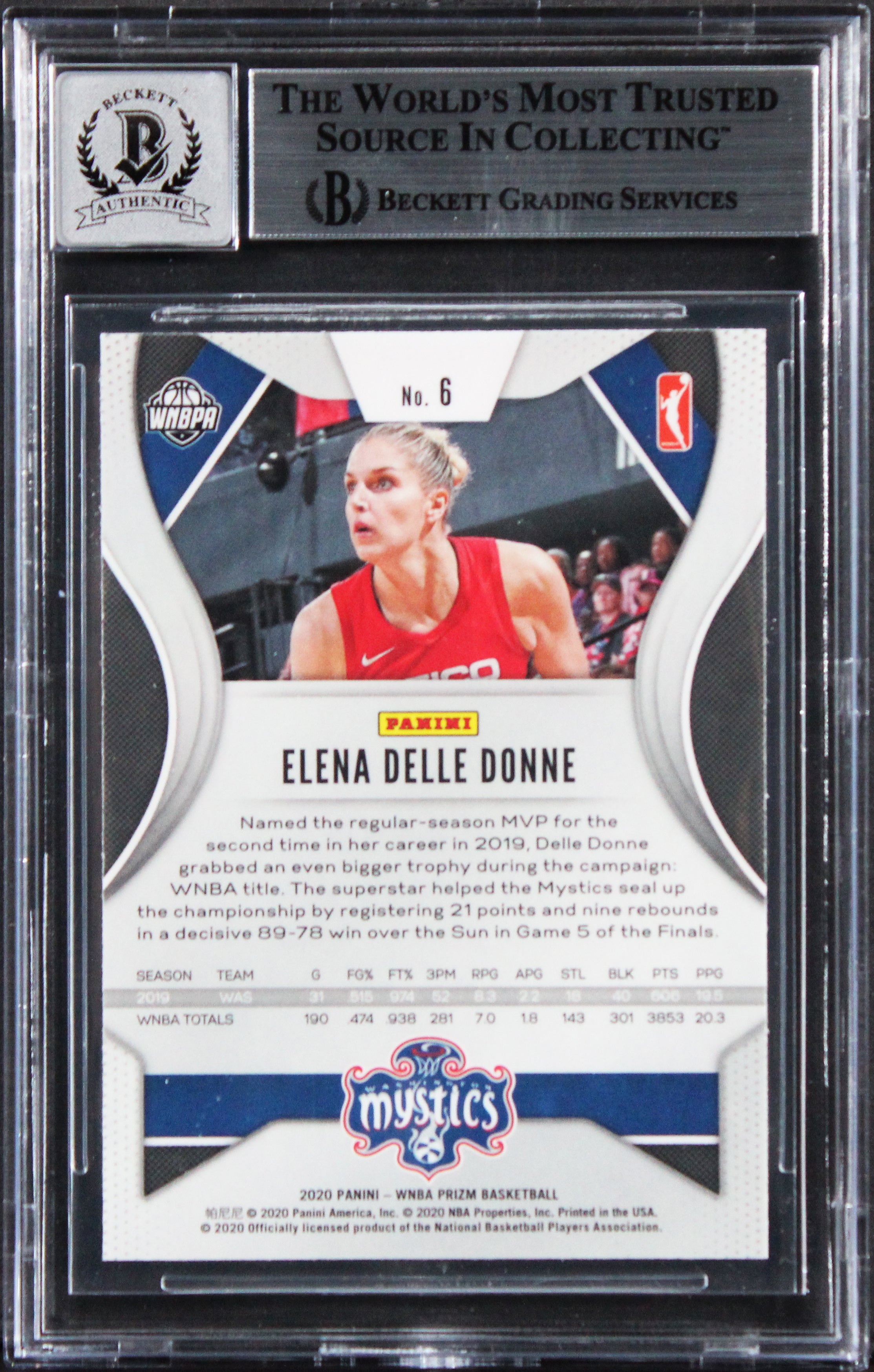 Mystics Elena Delle Donne Signed 2020 Panini Prizm #6 Card Auto 10! BAS Slabbed