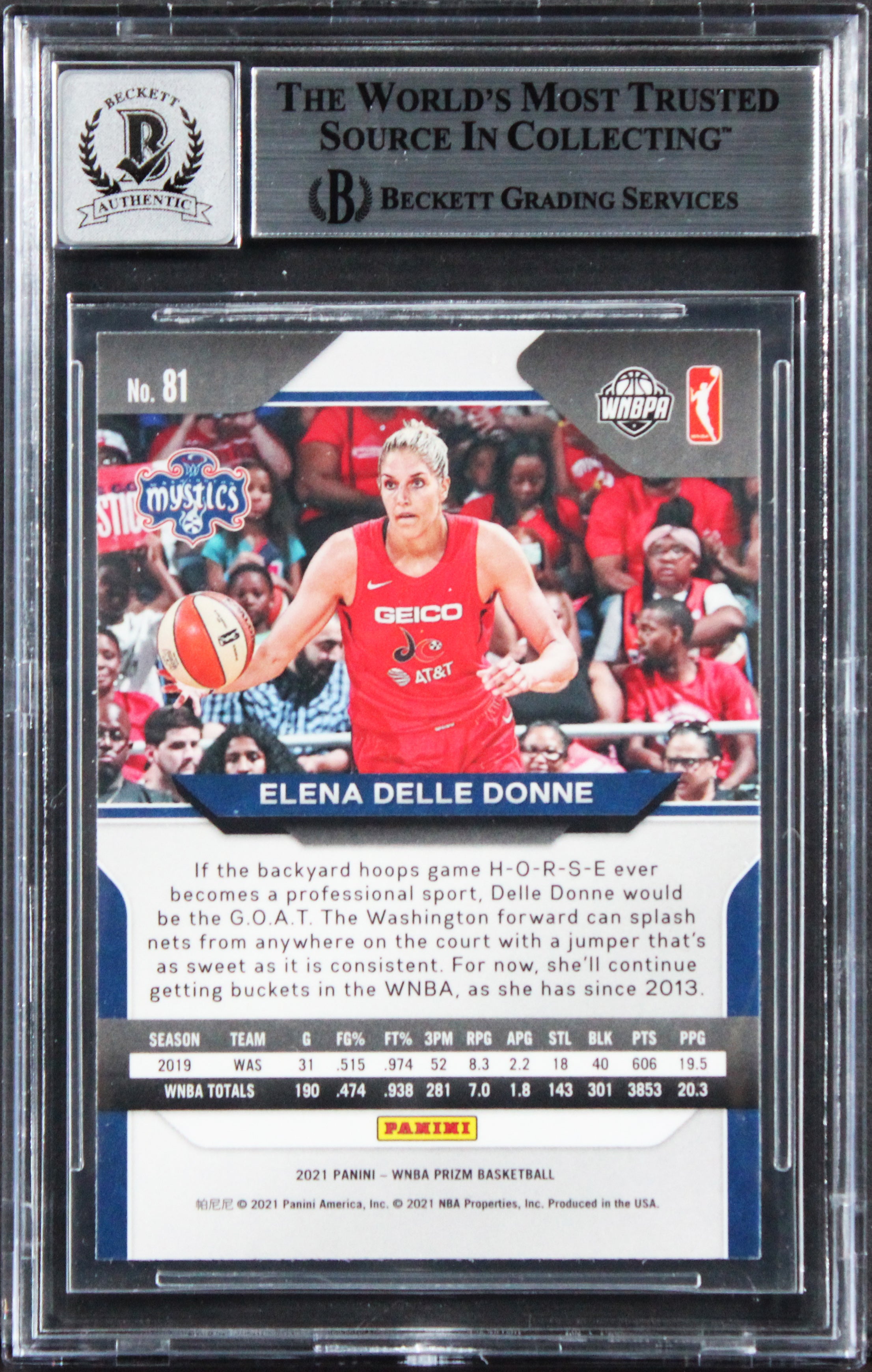 Mystics Elena Delle Donne Signed 2021 Panini Prizm #81 Card Auto 10! BAS Slab 2