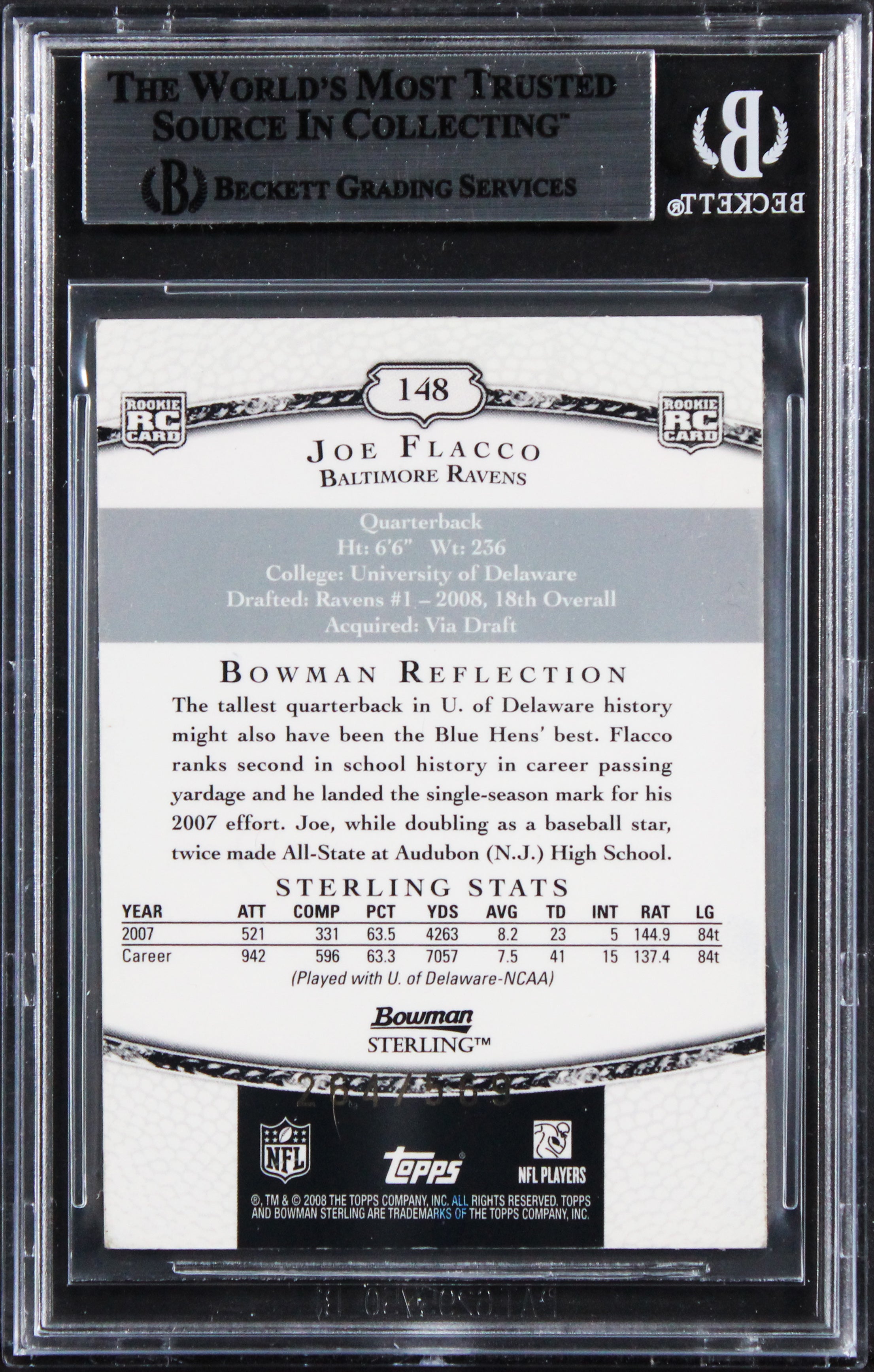 Ravens Joe Flacco Signed 2008 Bowman Sterling #148A RC 264/569 Card BAS Slabbed
