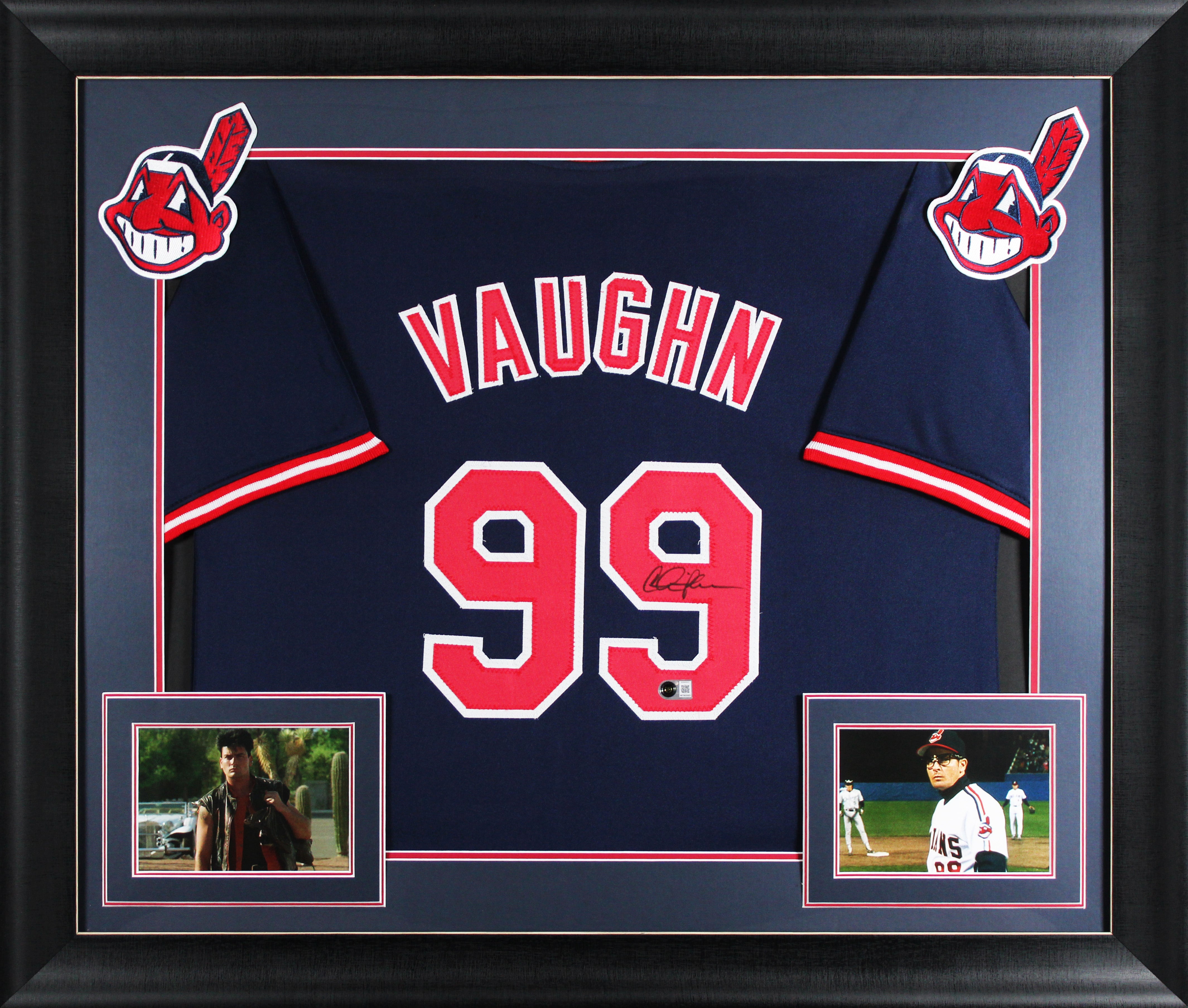 Charlie Sheen Major League Authentic Signed Navy Pro Style Framed Jersey BAS Wit