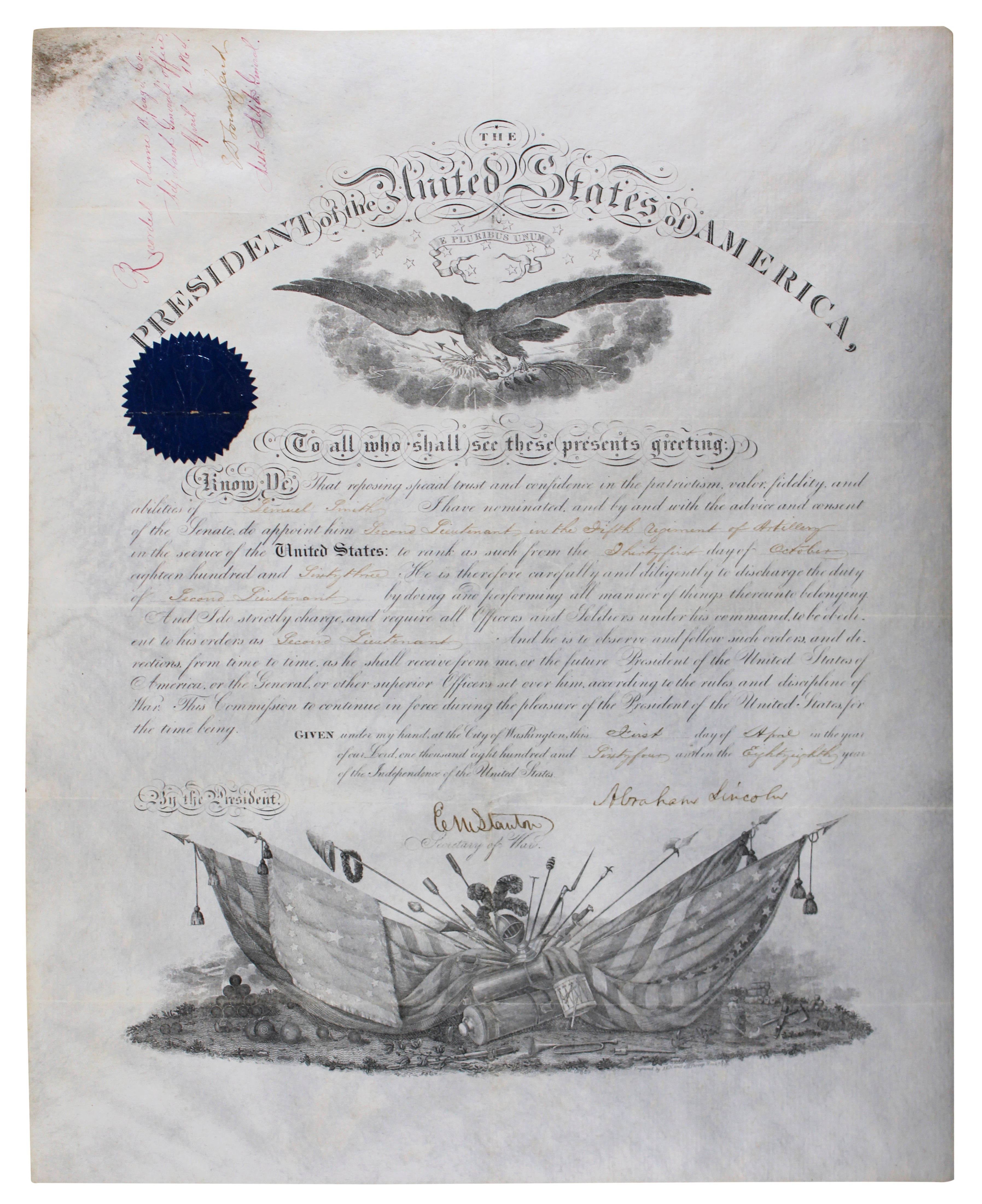 Abraham Lincoln Signed 15.5x19.5 1864 Civil War Commission Document BAS #AE64269