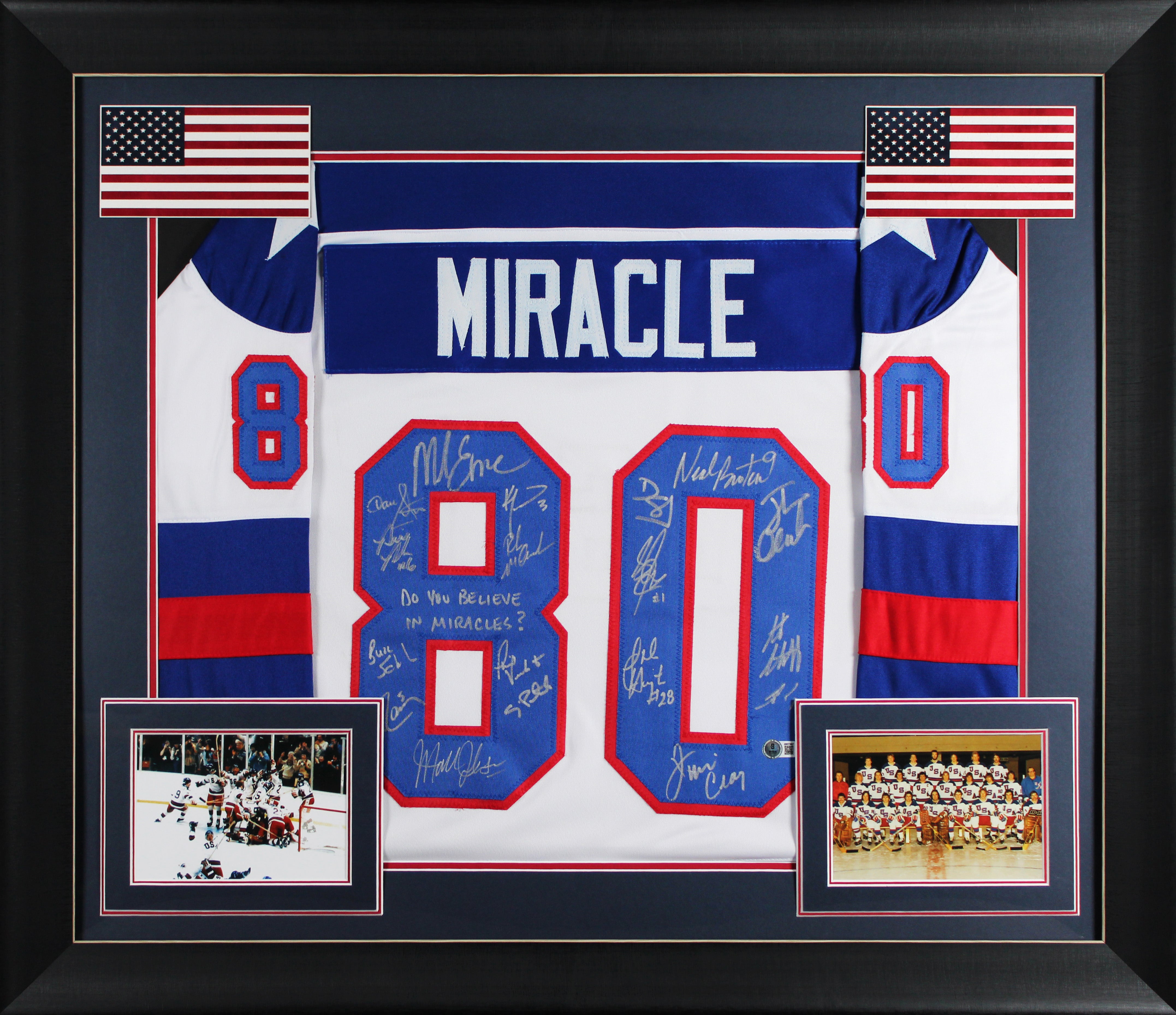 1980 USA Hockey 18 Autos Craig, Eruzione, Broten Signed White Framed Jersey BAS