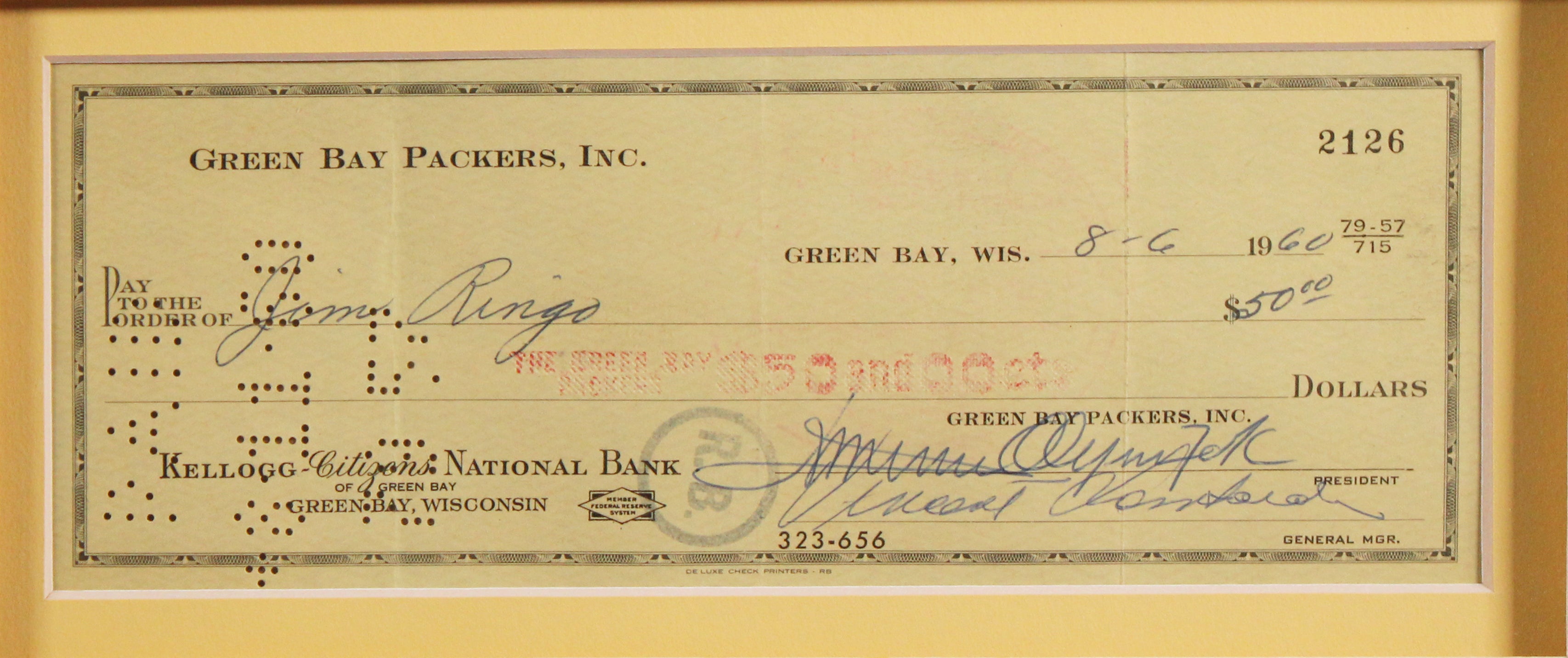 Vince Lombardi Signed & Framed Green Bay Packers 3x8 1960 Check BAS #AE13294