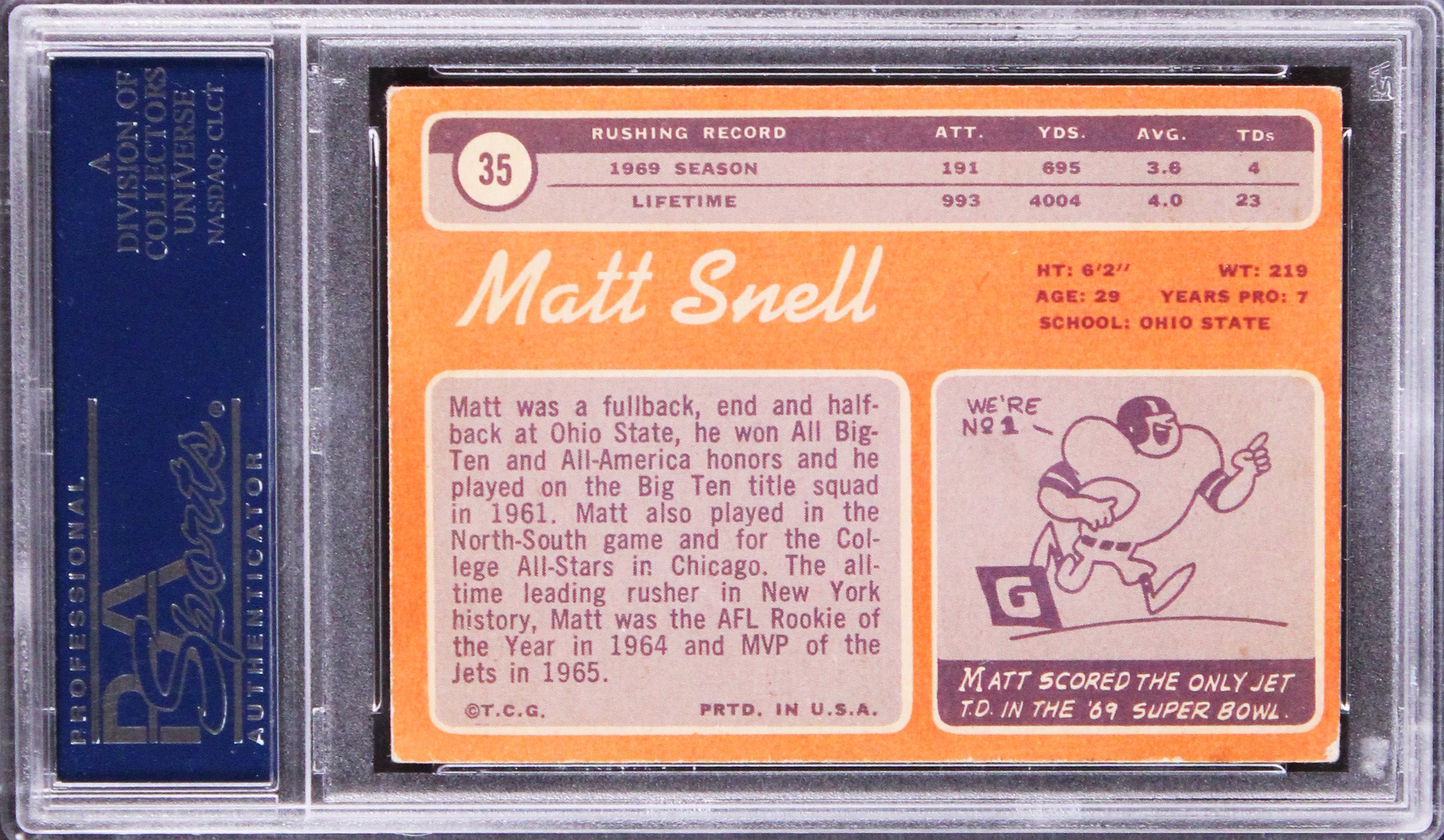 Jets Matt Snell Authentic Signed 1970 Topps #35 Card PSA/DNA Slabbed