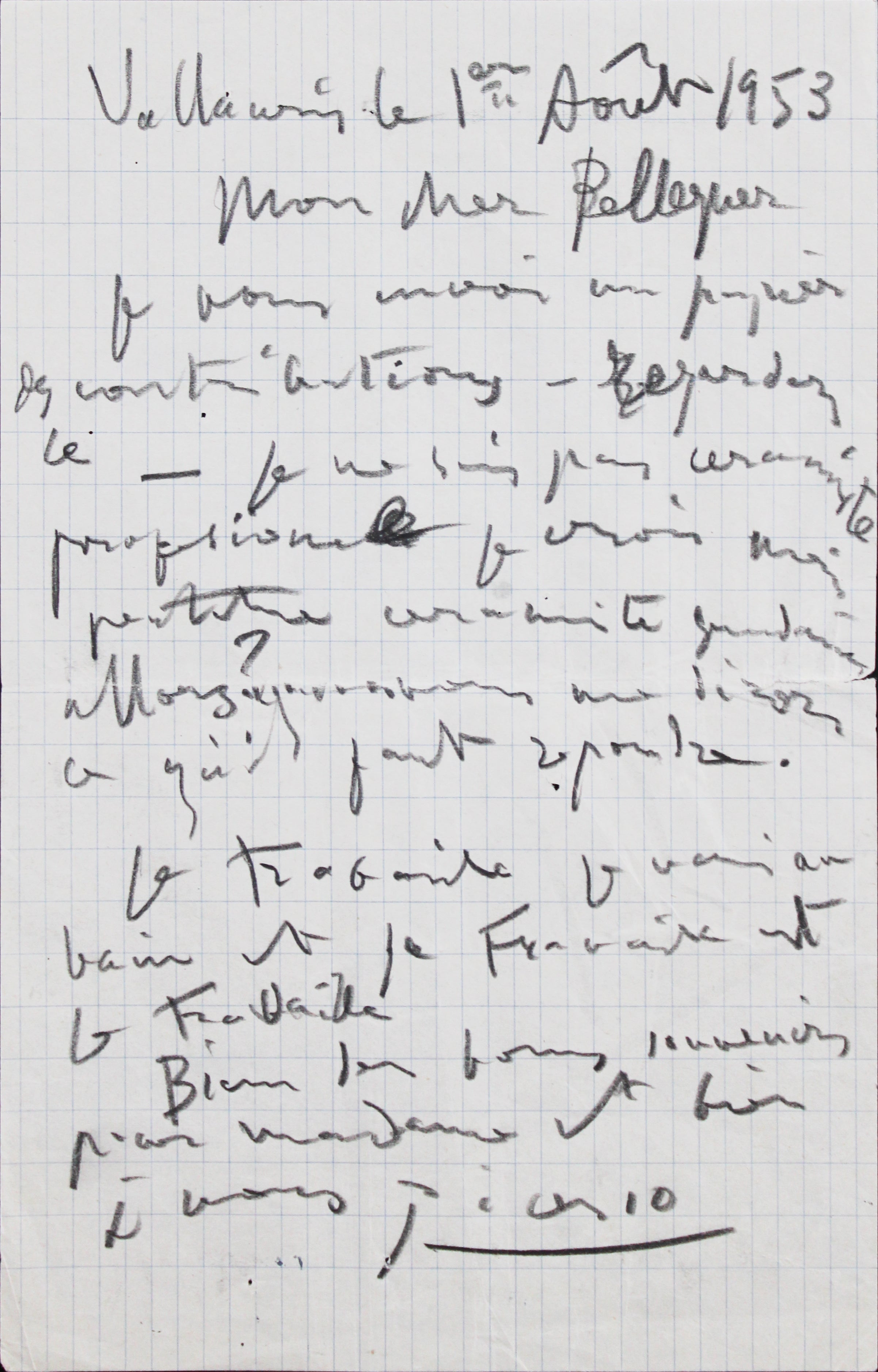 Pablo Picasso Authentic Signed 5.25x8.25 1953 Handwritten Letter BAS #AE13883