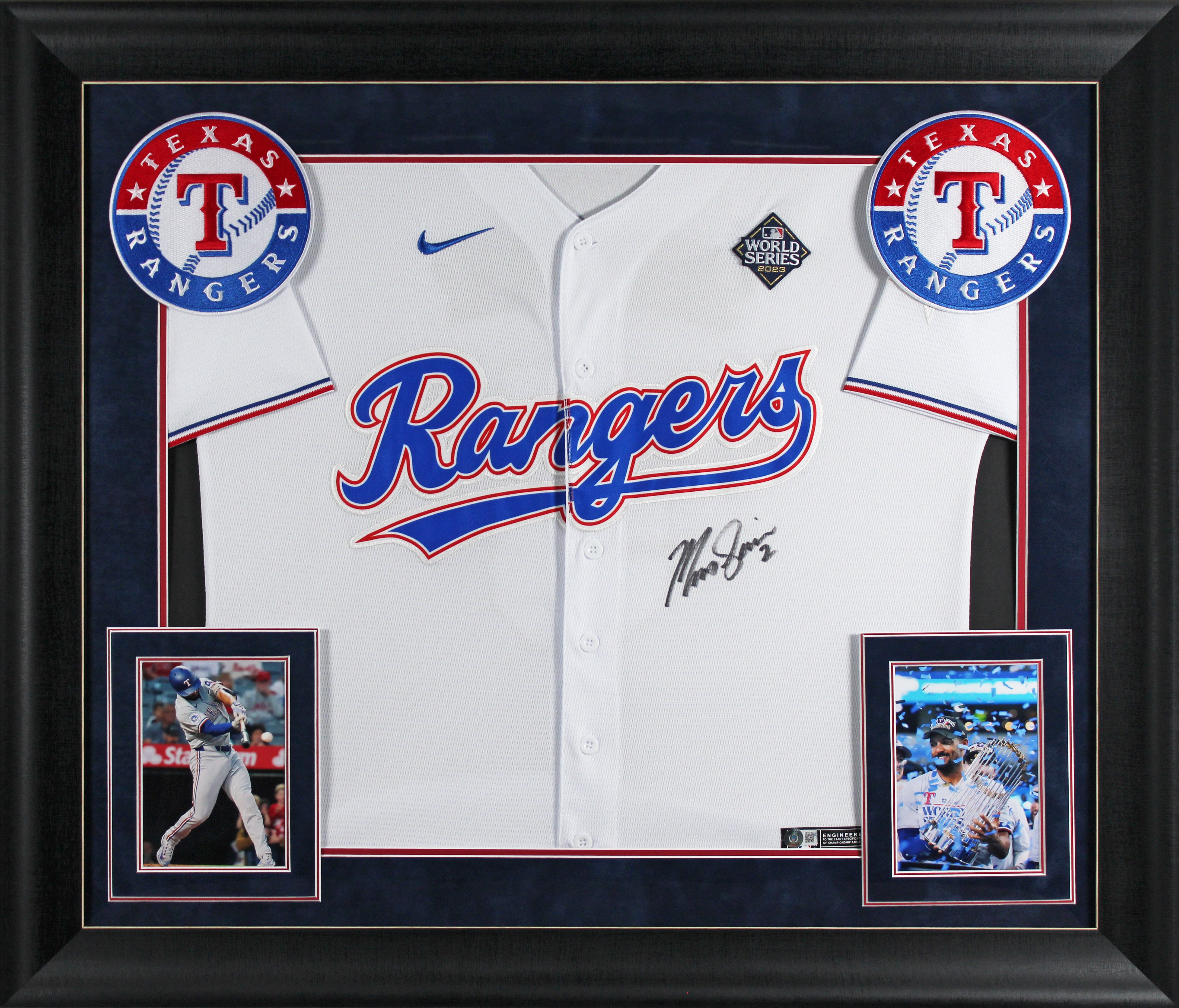 Rangers Marcus Semien Signed White Nike Framed Jersey w/ 2023 WS Patch BAS Wit