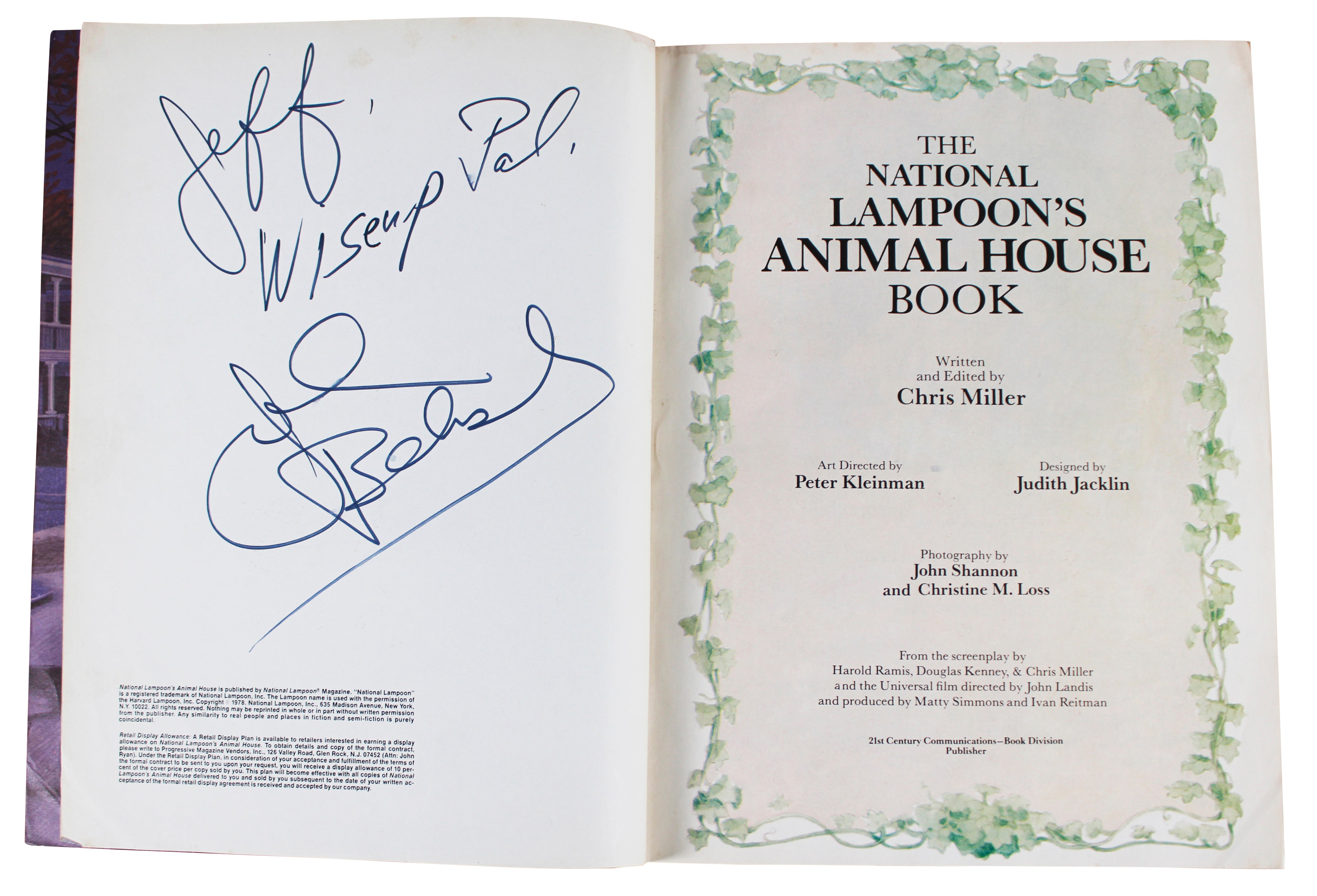 John Belushi "Jeff Wise Up Pal" Signed Animal House Soft Cover Book BAS #AE13885