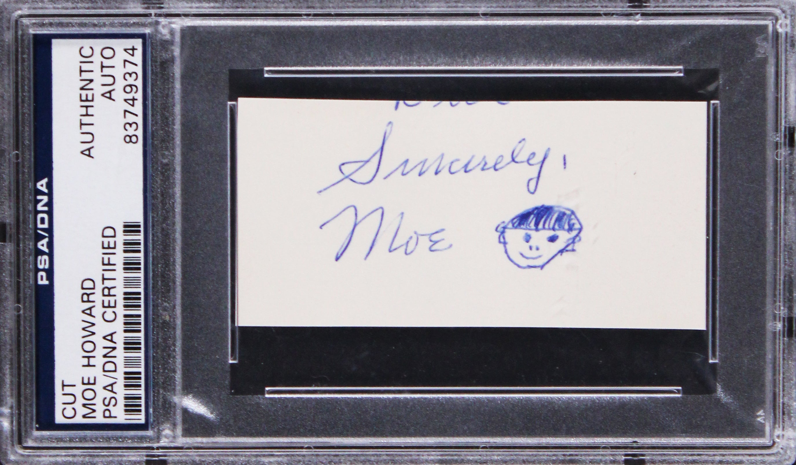 Moe Howard Signed 1.5x3.25 Cut  w/ Hand Drawn Self Portrait Sketch PSA Slabbed