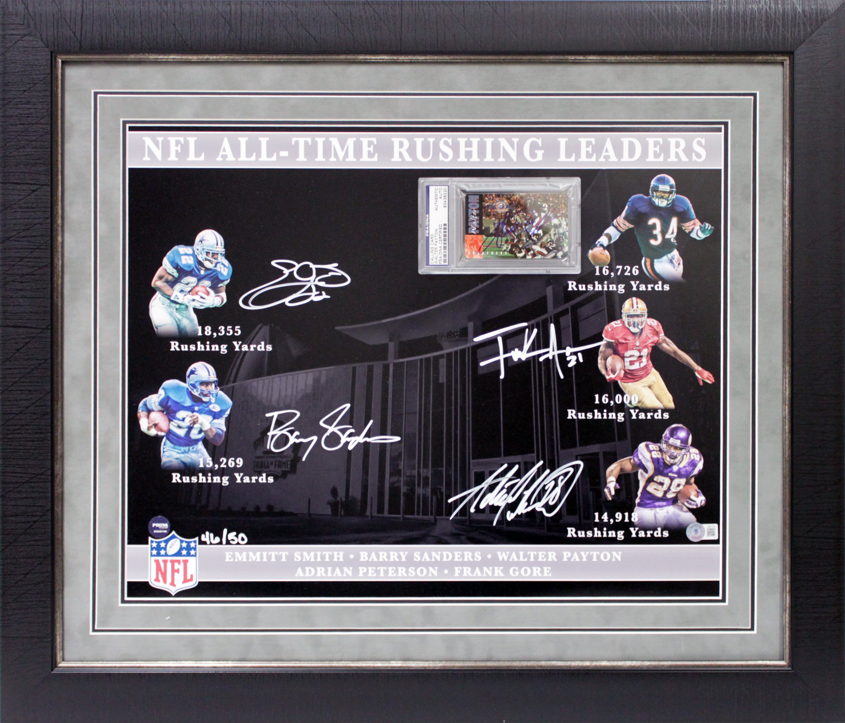 NFL Leading Rushers (5) Payton, Smith, Sanders, Gore Framed Display LE #/50 BAS