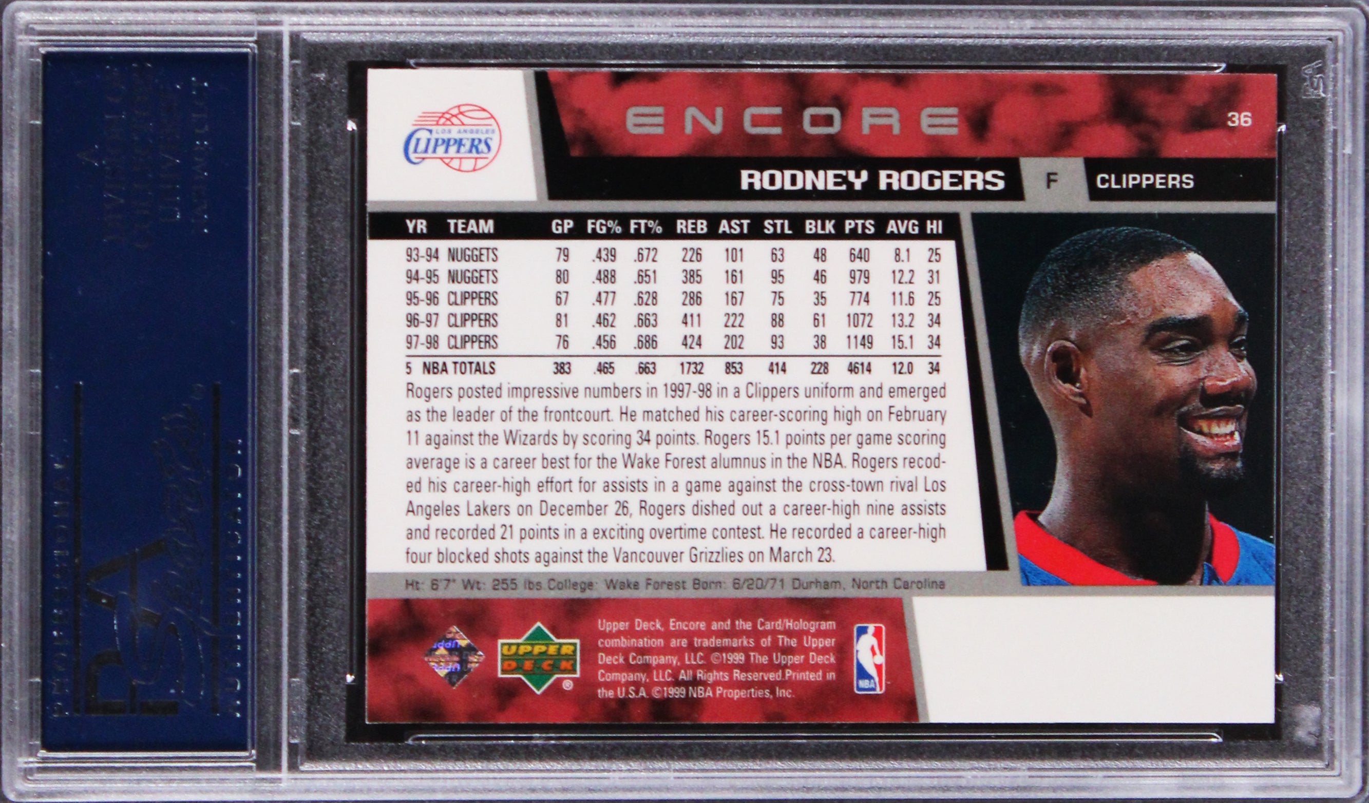 Clippers Rodney Rogers Signed 1998 Upper Deck Encore #36 Card PSA/DNA Slabbed