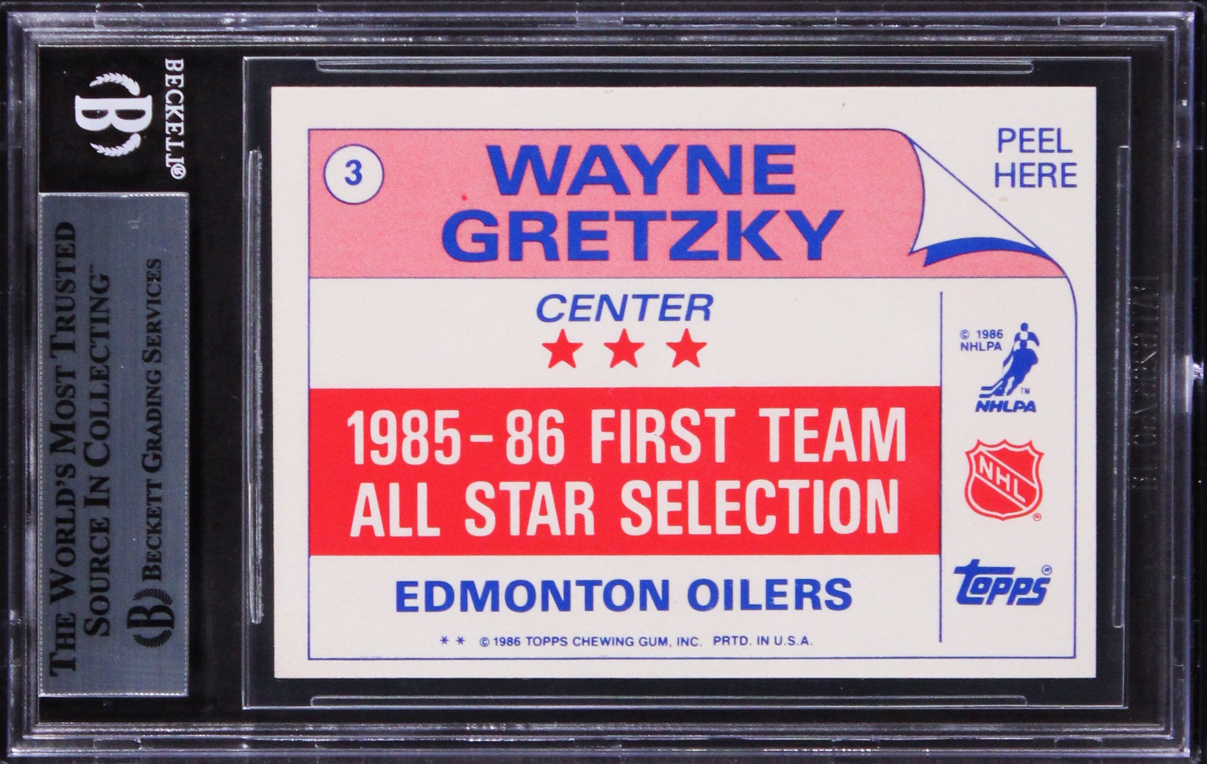 Oilers Wayne Gretzky Signed 1986 Topps Sticker Inserts Card BAS Slabbed