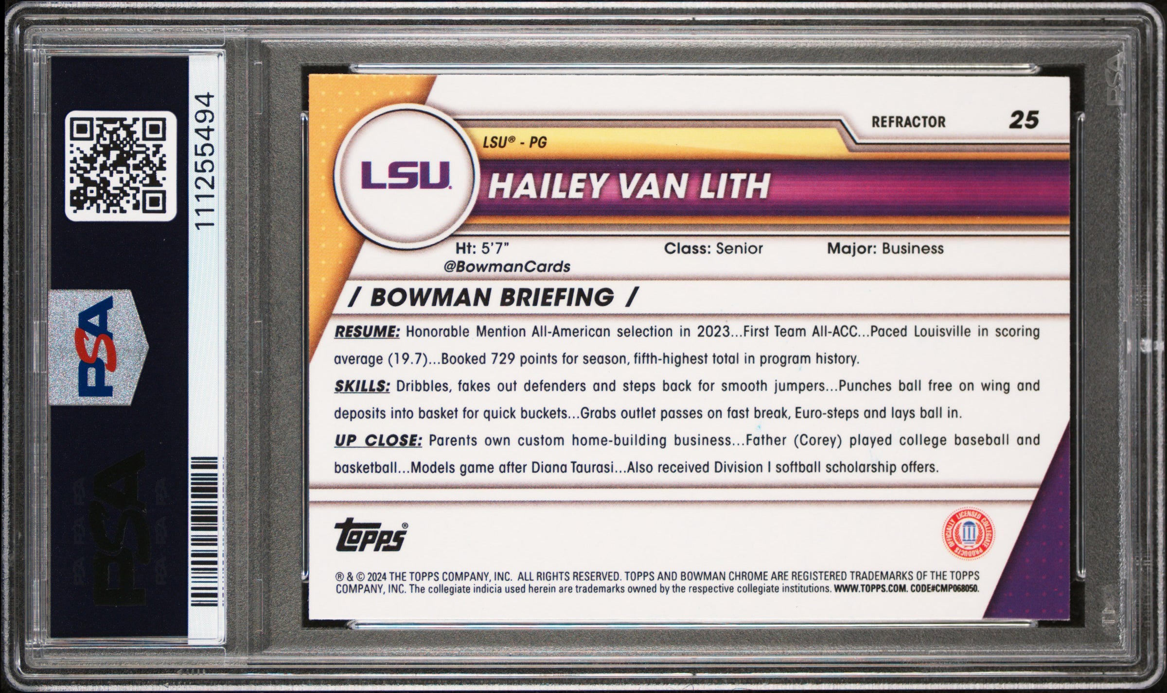 LSU Hailey Van Lith Signed 2023 Bowman U Chrome Refractor #25 RC Card PSA Slab