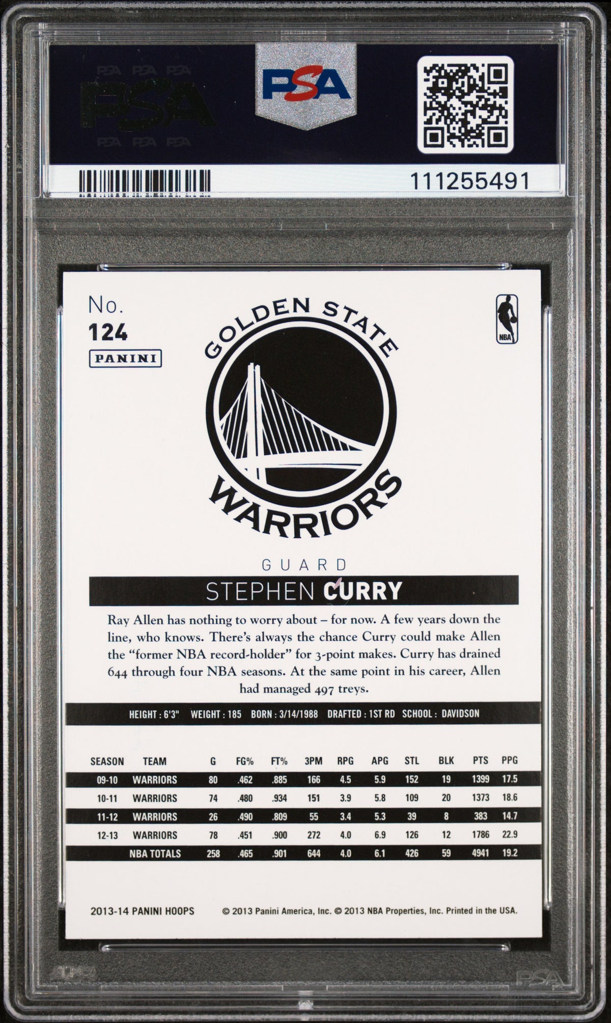 Warriors Stephen Curry Authentic Signed 2013 Panini Hoops #124 Card PSA Slabbed