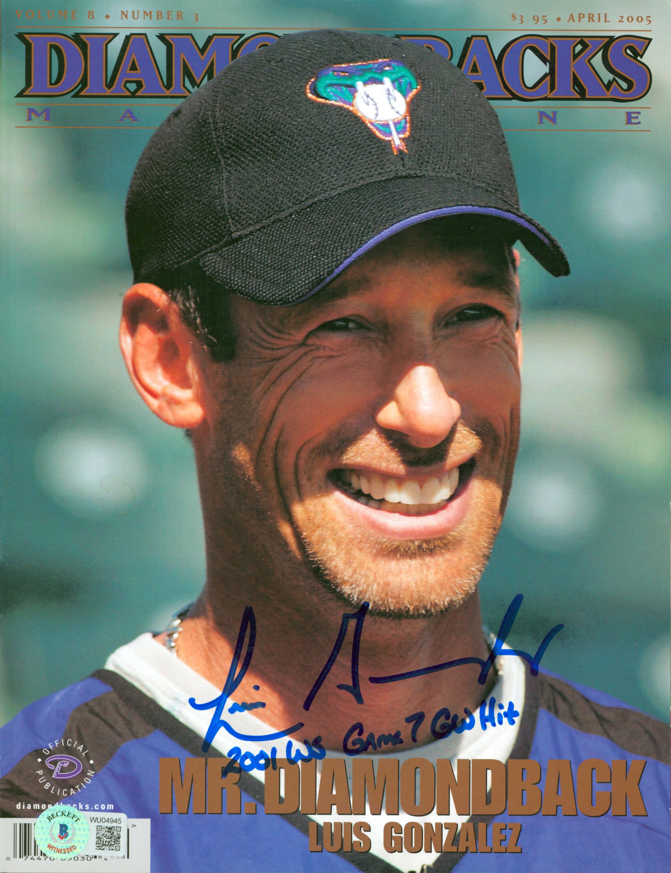 Luis Gonzalez "2001 WS Game 7 GW Hit" Signed April 2005 D-Backs Magazine BAS Wit