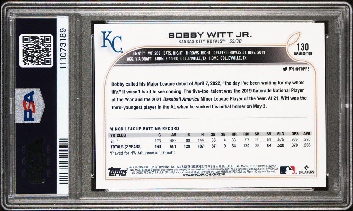 Bobby Witt Jr. Signed 2022 Topps Japan Edition #130 Rookie Card Auto 10 PSA Slab