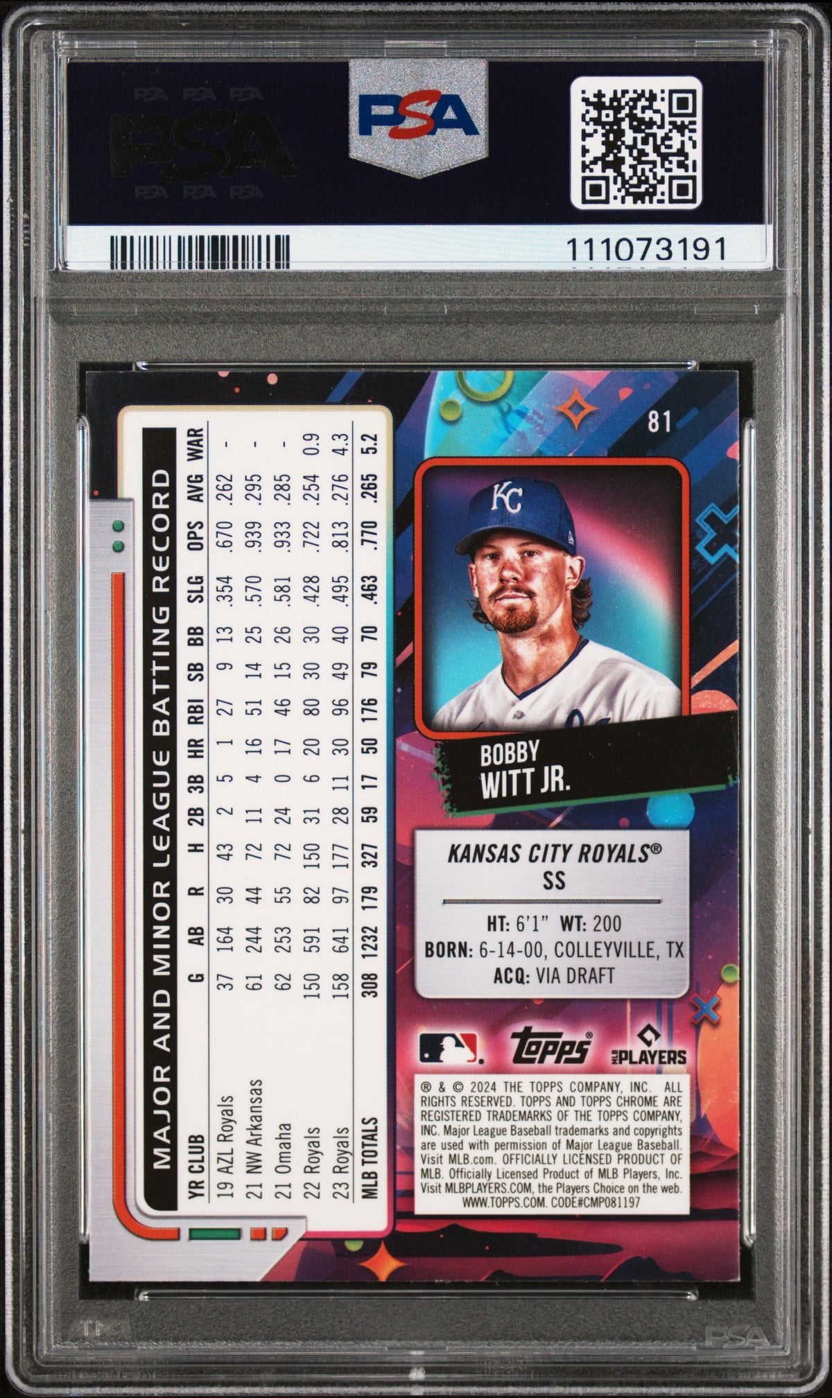 Bobby Witt Jr. Signed 2024 Topps Chrome Cosmic #81 Card 9 Auto 10! PSA Slabbed