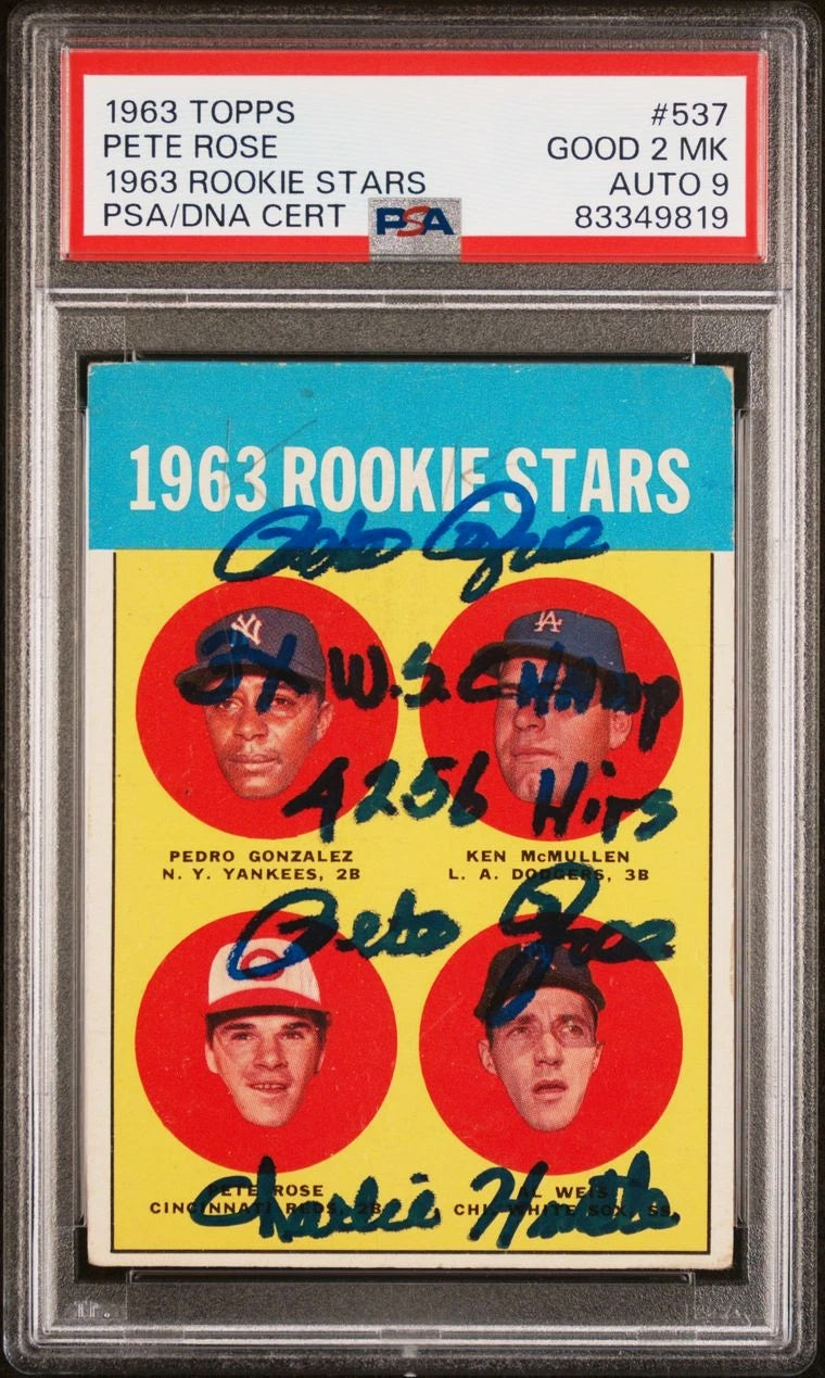 Pete Rose "3x Insc" Signed 1963 Topps #537 Rookie Card Grade 2 Auto 9! PSA Slab