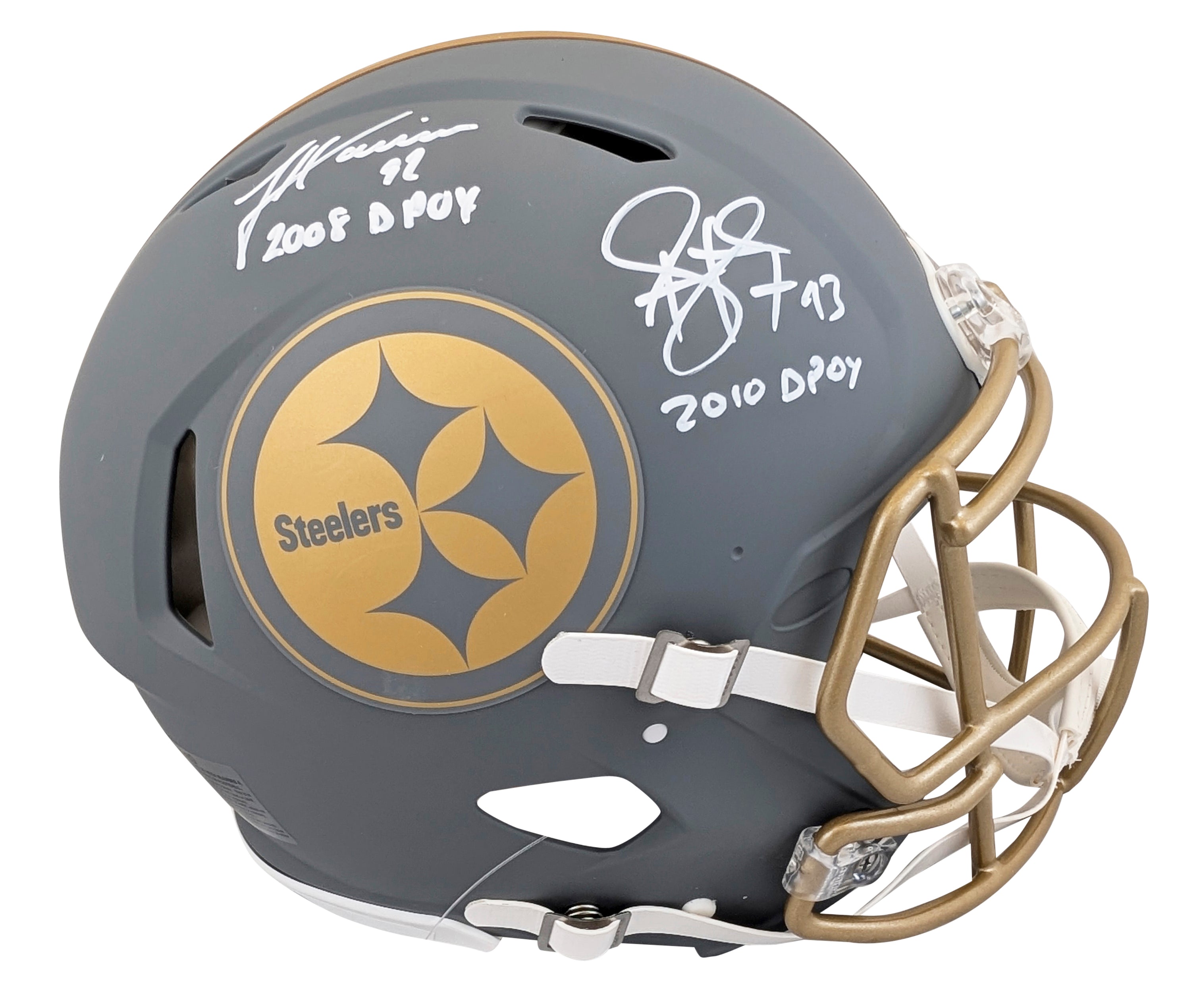 Steelers Harrison & Polamalu "DPOY" Signed Slate F/S Speed Proline Helmet BAS W