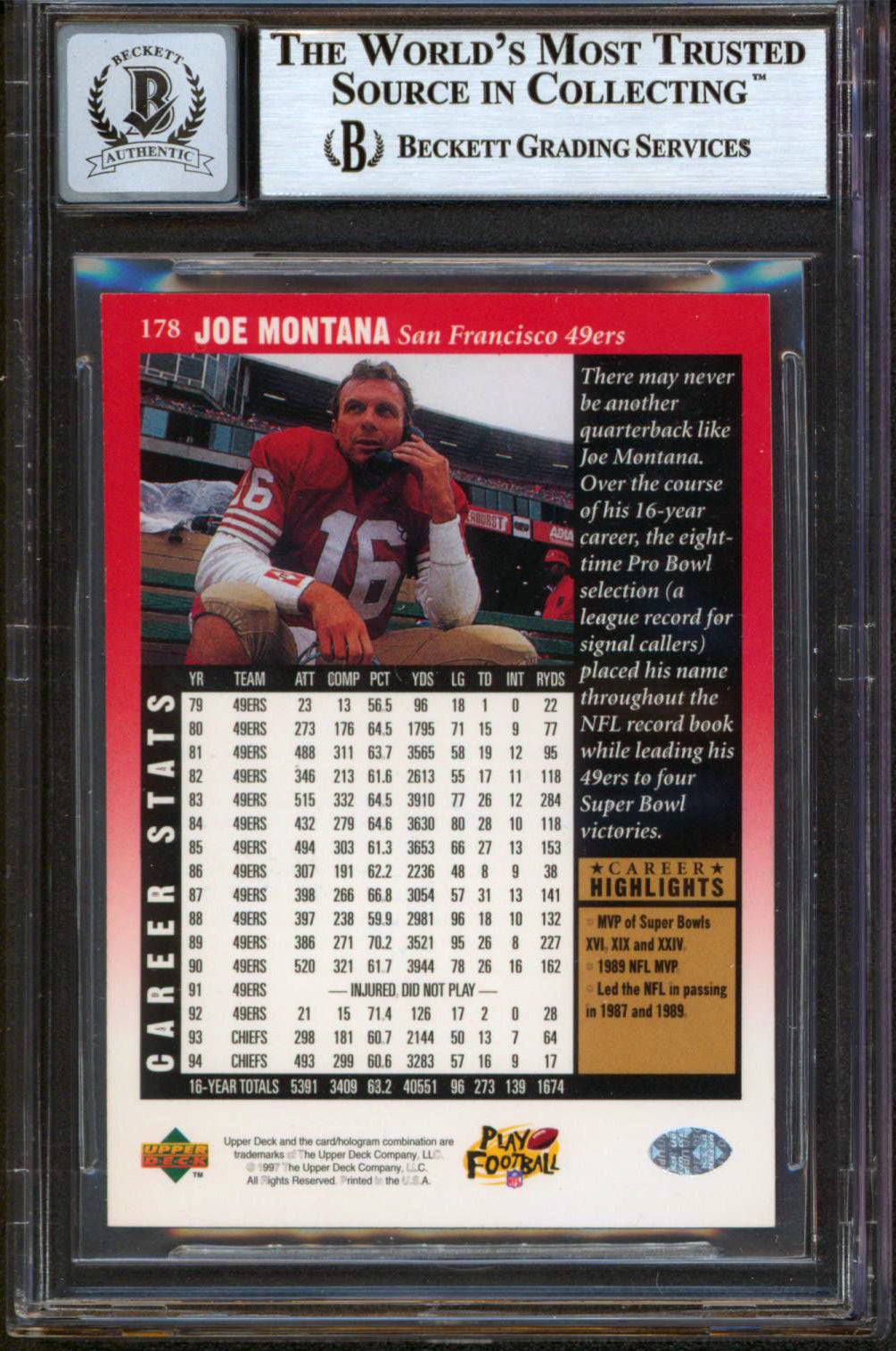 49ers Joe Montana Signed 1997 Upper Deck Legends #178 Card Auto 10! BAS Slabbed