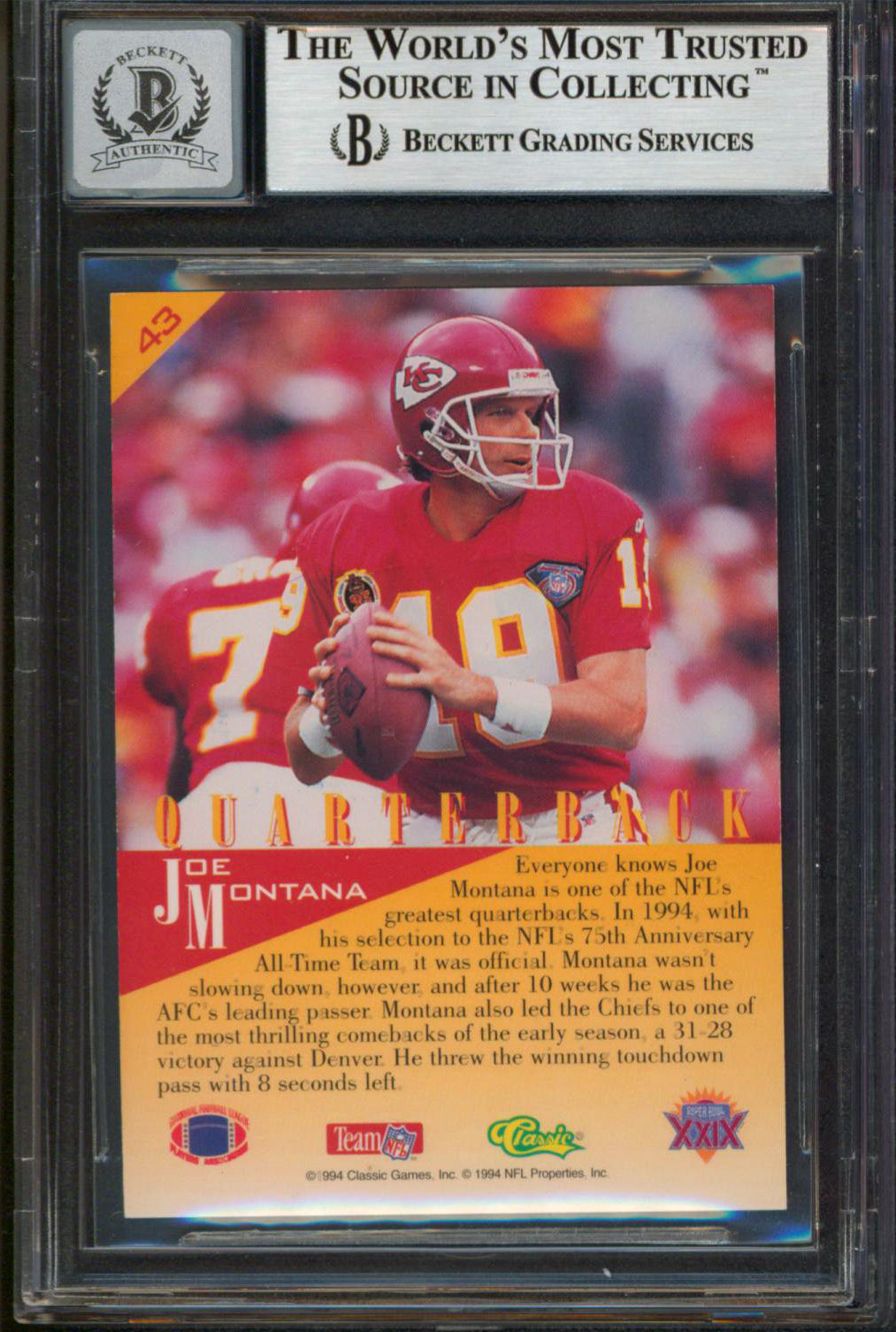 49ers Joe Montana  Signed 1995 Classic NFL Exp Gold #43 Card Auto 10 BAS Slabbed