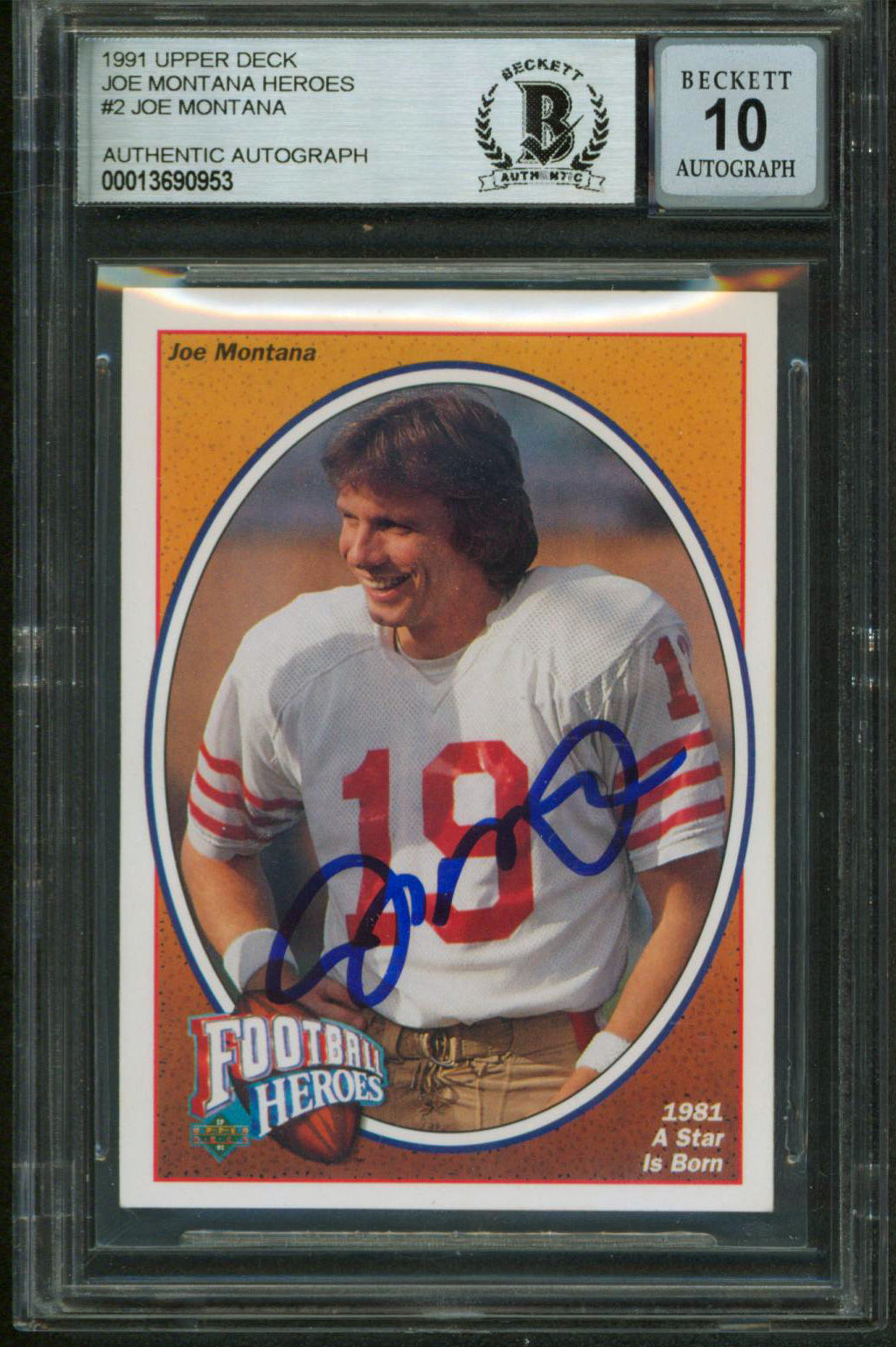 49ers Joe Montana Signed 1991 Upper Deck Heroes #2 Card Auto Graded 10! BAS Slab