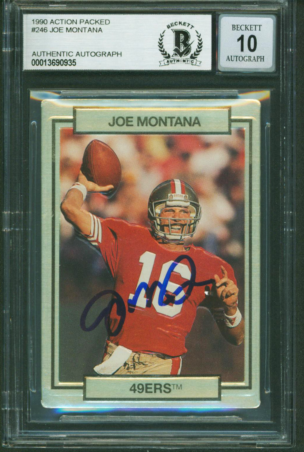 49ers Joe Montana Signed 1990 Action Packed #246 Card Auto Grade 10! BAS Slabbed