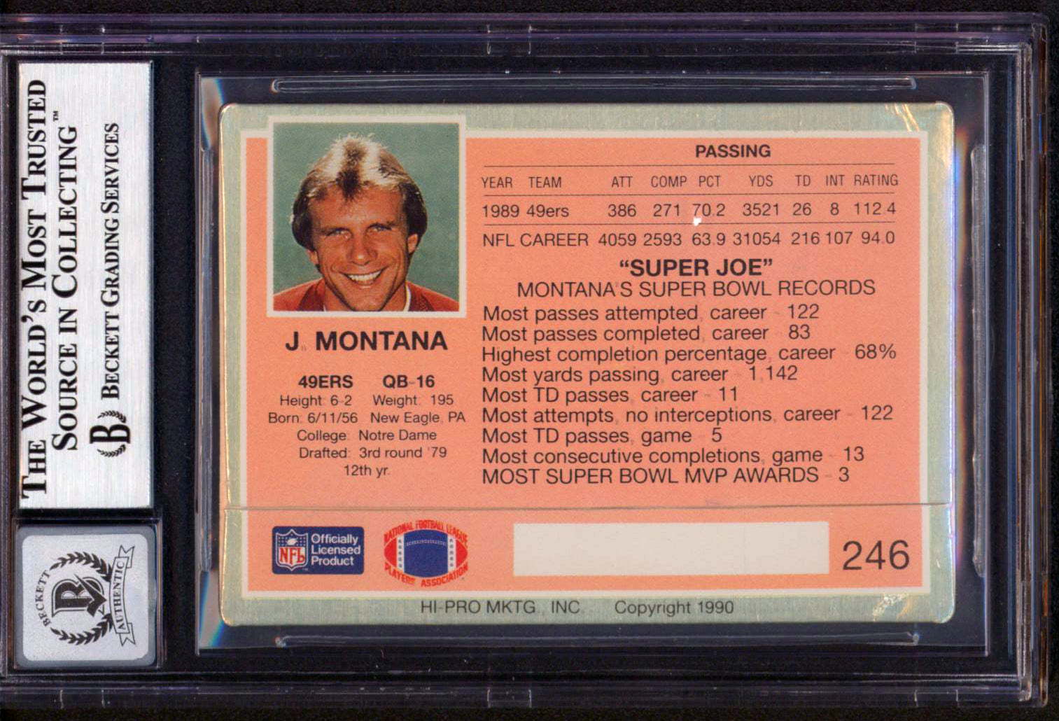 49ers Joe Montana Signed 1990 Action Packed #246 Card Auto Grade 10! BAS Slabbed