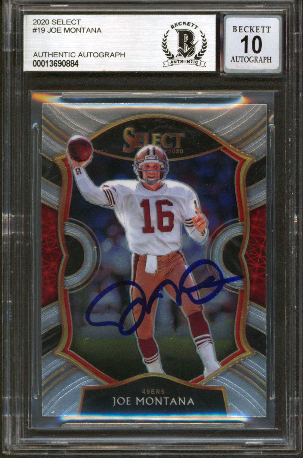 49ers Joe Montana Authentic Signed 2020 Select #19 Card Auto Graded 10! BAS Slab