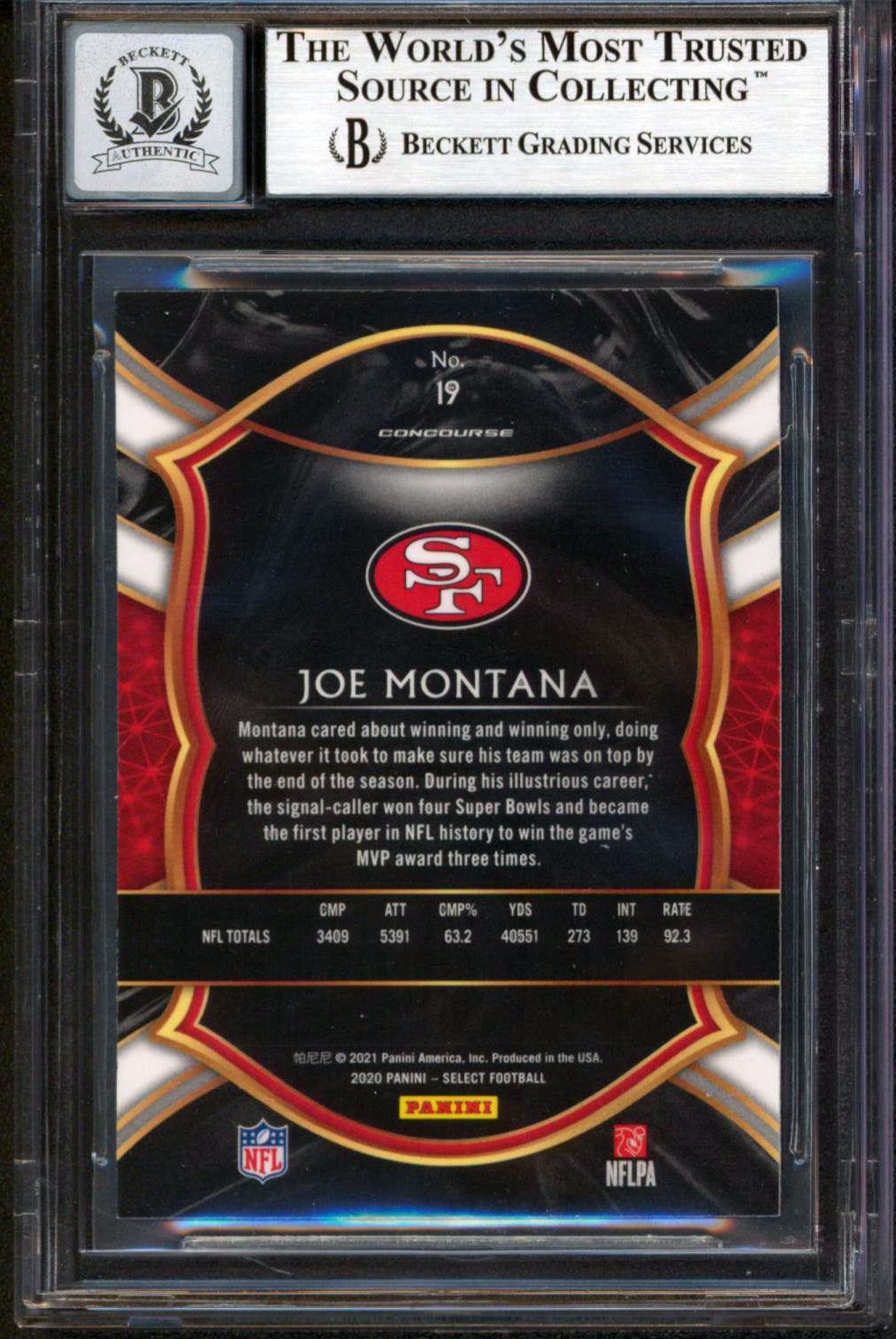 49ers Joe Montana Authentic Signed 2020 Select #19 Card Auto Graded 10! BAS Slab