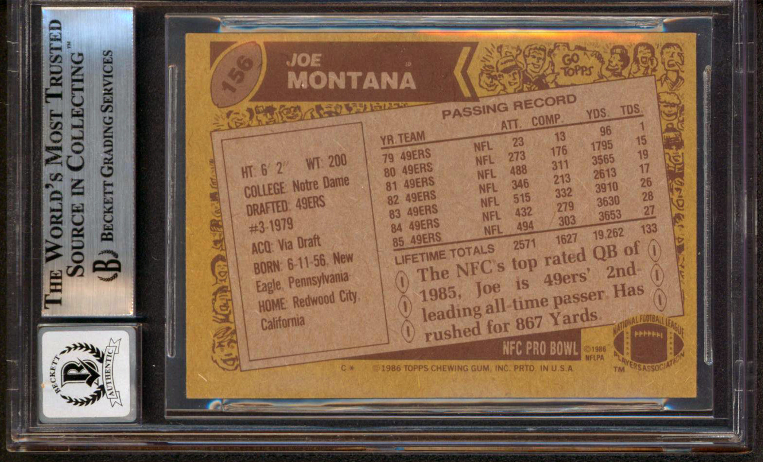 49ers Joe Montana Authentic Signed 1986 Topps #156 Card Auto Graded 10! BAS Slab