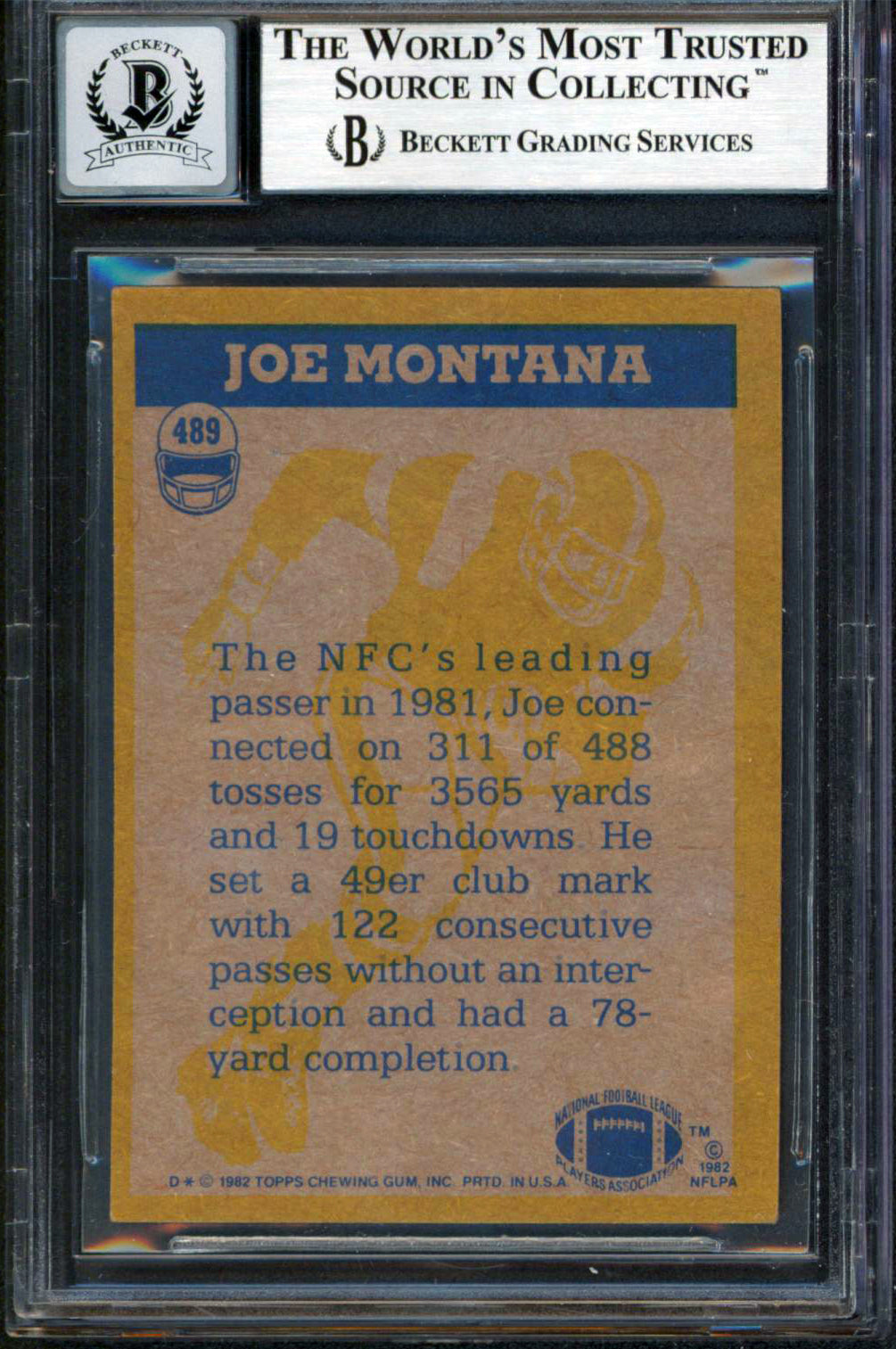 49ers Joe Montana Authentic Signed 1982 Topps #489 Card Auto Graded 10! BAS Slab