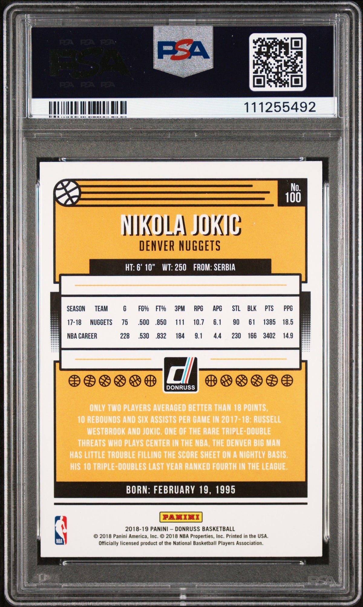 Nuggets Nikola Jokic Authentic Signed 2018 Panini Donruss #100 Card PSA Slabbed