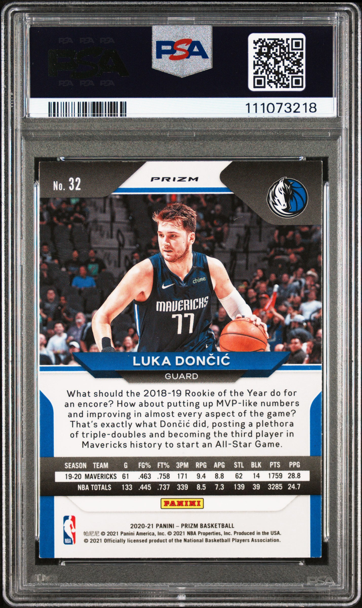 Luka Doncic Signed 2020 Panini Prizm Green #32 Card Auto Graded 9! PSA/DNA Slab
