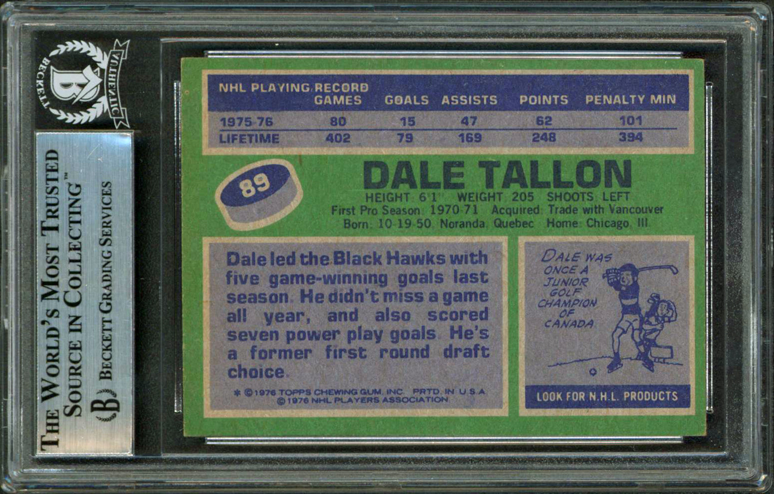 Blackhawks Dale Tallon Authentic Signed 1976 Topps #89 Card BAS Slabbed