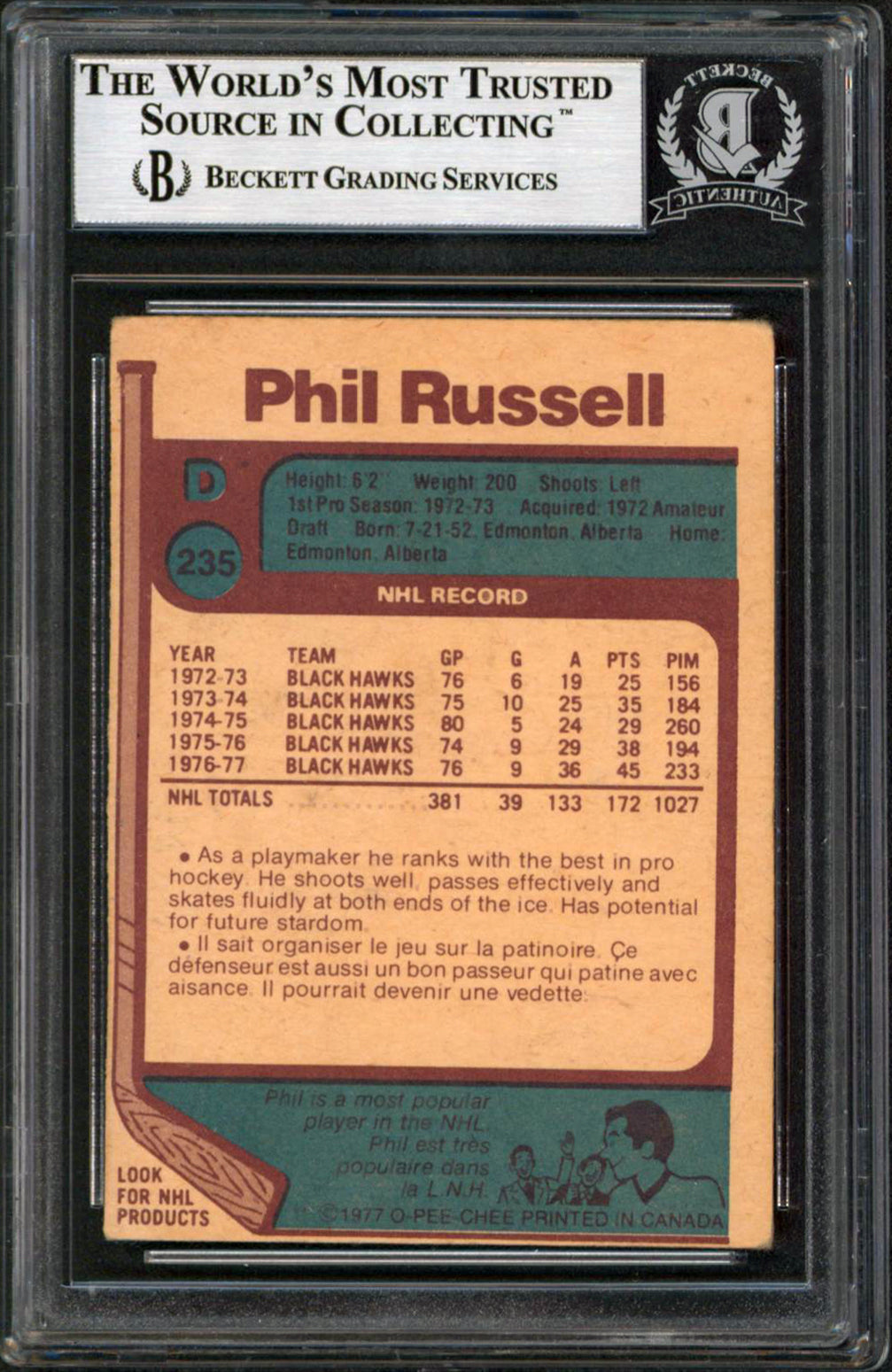 Blackhawks Phil Russell Authentic Signed 1977 O-Pee-Chee #235 Card BAS Slabbed