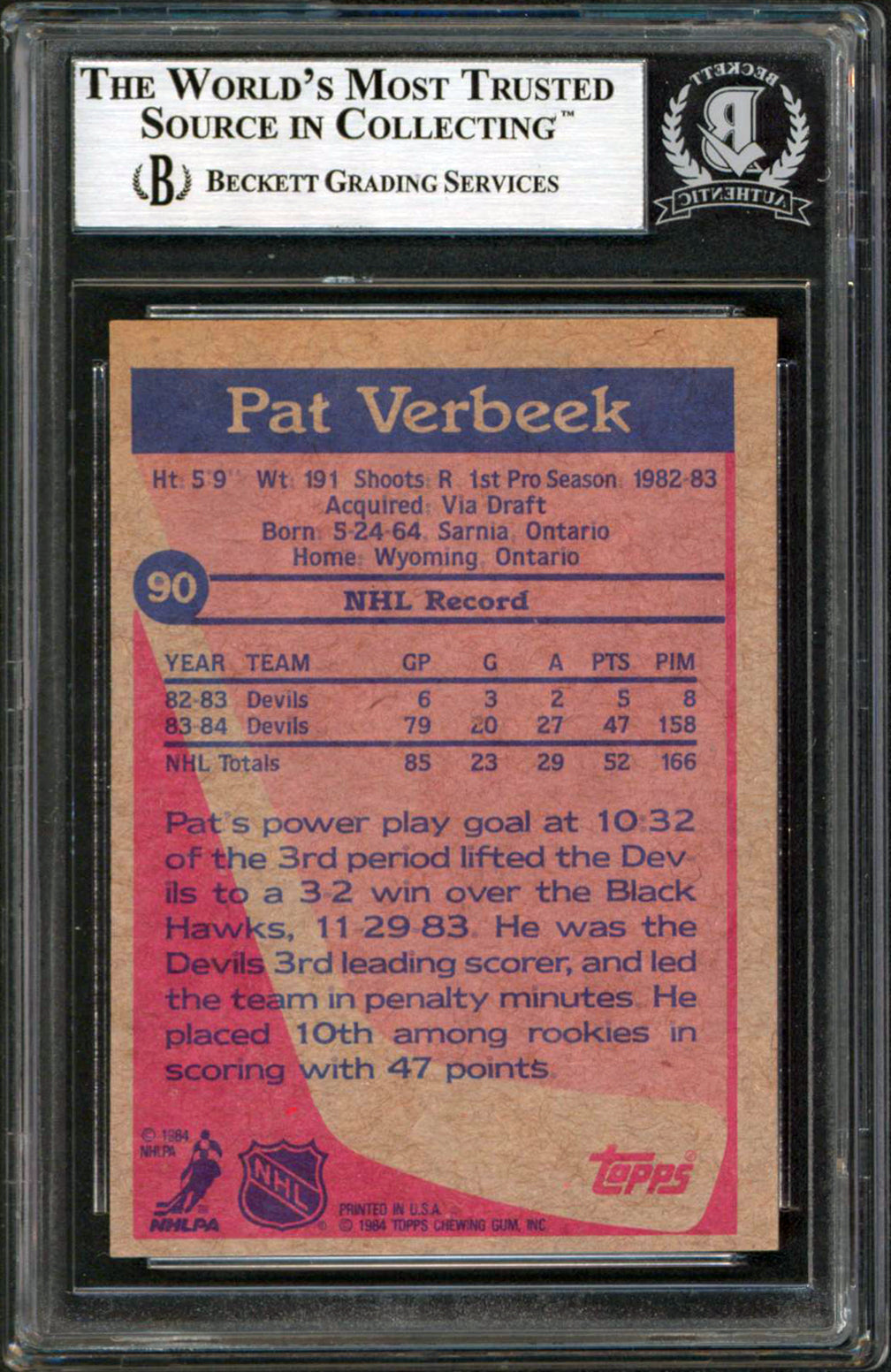 Devils Pat Verbeek Authentic Signed 1984 Topps #90 Card Autographed BAS Slabbed