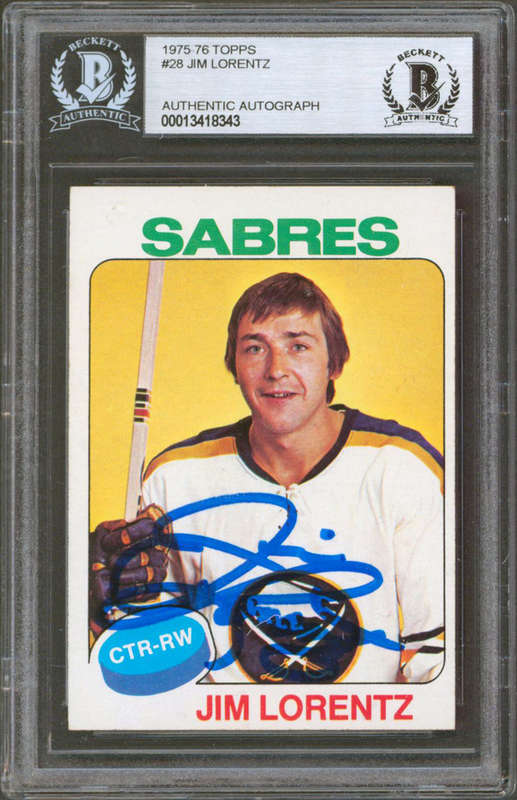 Sabres Jim Lorentz Authentic Signed 1975 Topps #28 Card Autographed BAS Slabbed