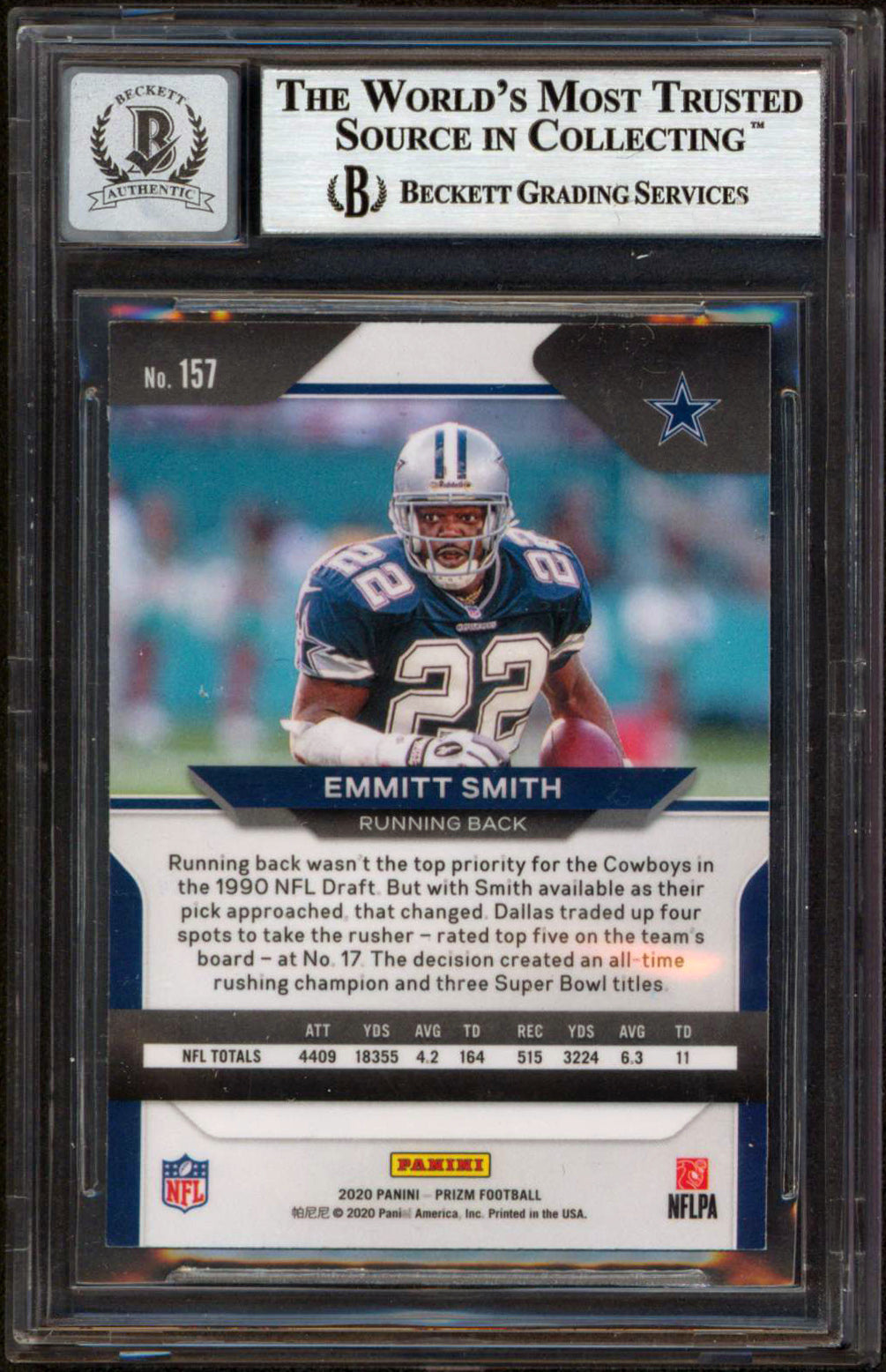 Cowboys Emmitt Smith Signed 2020 Panini Prizm #157 Card Auto  10! BAS Slabbed