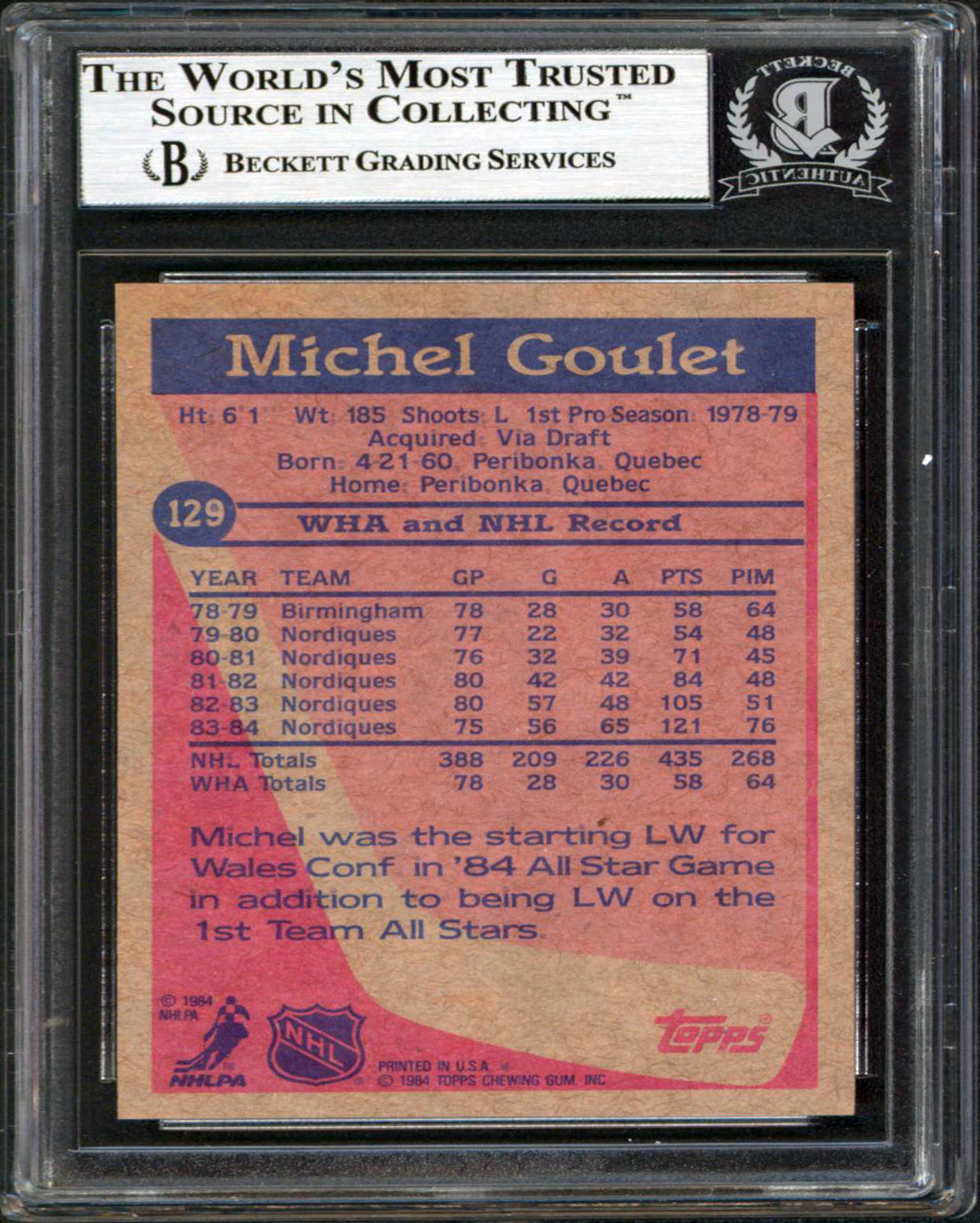 Nordiques Michel Goulet Authentic Signed 1984 Topps #129 Card BAS Slabbed